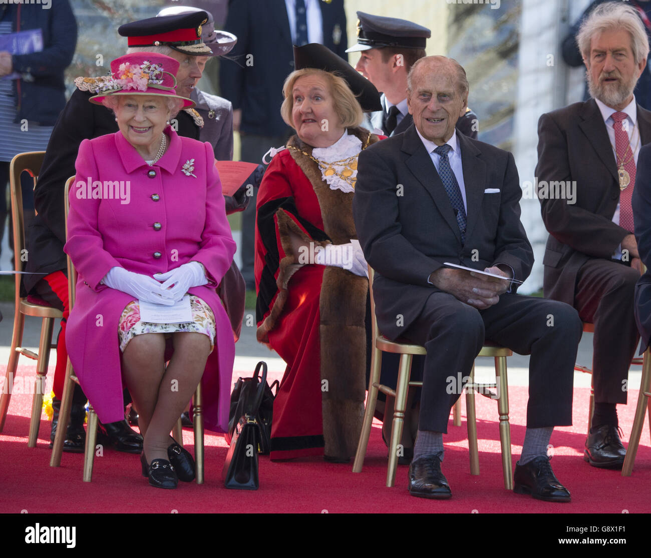 The Queen, accompanied by The Duke of Edinburgh, officially opend the new Bandstand at Alexandra Gardens. Her Majesty viewed an exhibition about the Bandstand and met children from the six schools involved in designing the Bandstand's commemorative plaques. Picture .: Arthur Edwards Stock Photo