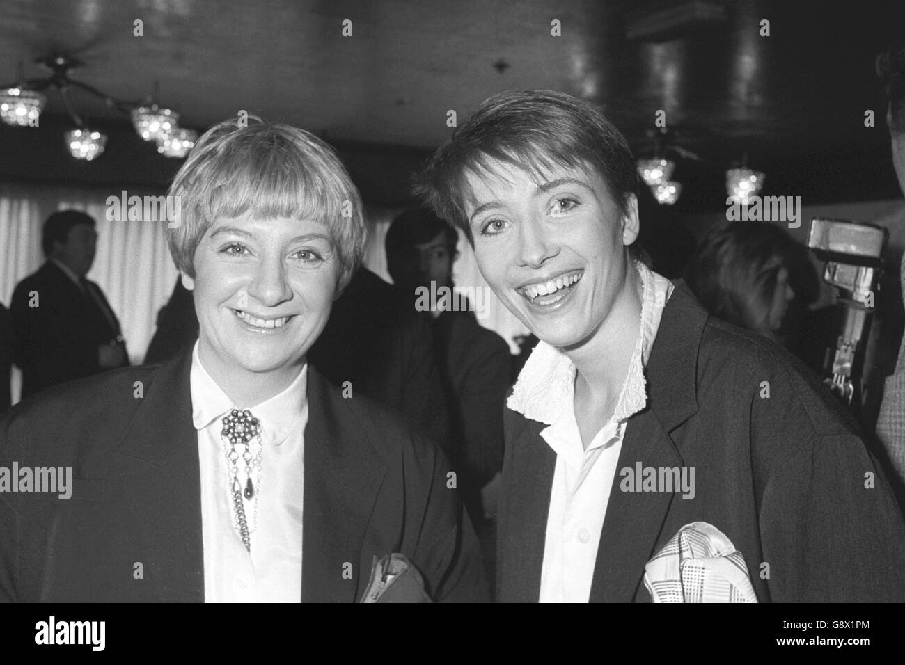 Victoria Wood (left), who won the BBC TV Personality of 1987 at the Variety Club annual awards ceremony, with Emma Thompson, who won Most Promising Artiste. Stock Photo
