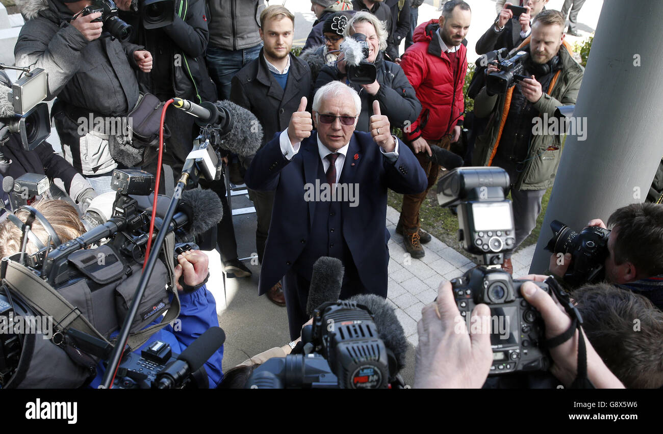 Trevor Hicks, whose daughters Sarah and Vicki died in the Hillsborough disaster, gives a thumbs up outside the Hillsborough Inquest in Warrington, where the inquest jury concluded that the 96 Liverpool fans who died in the Hillsborough disaster were unlawfully killed. Stock Photo