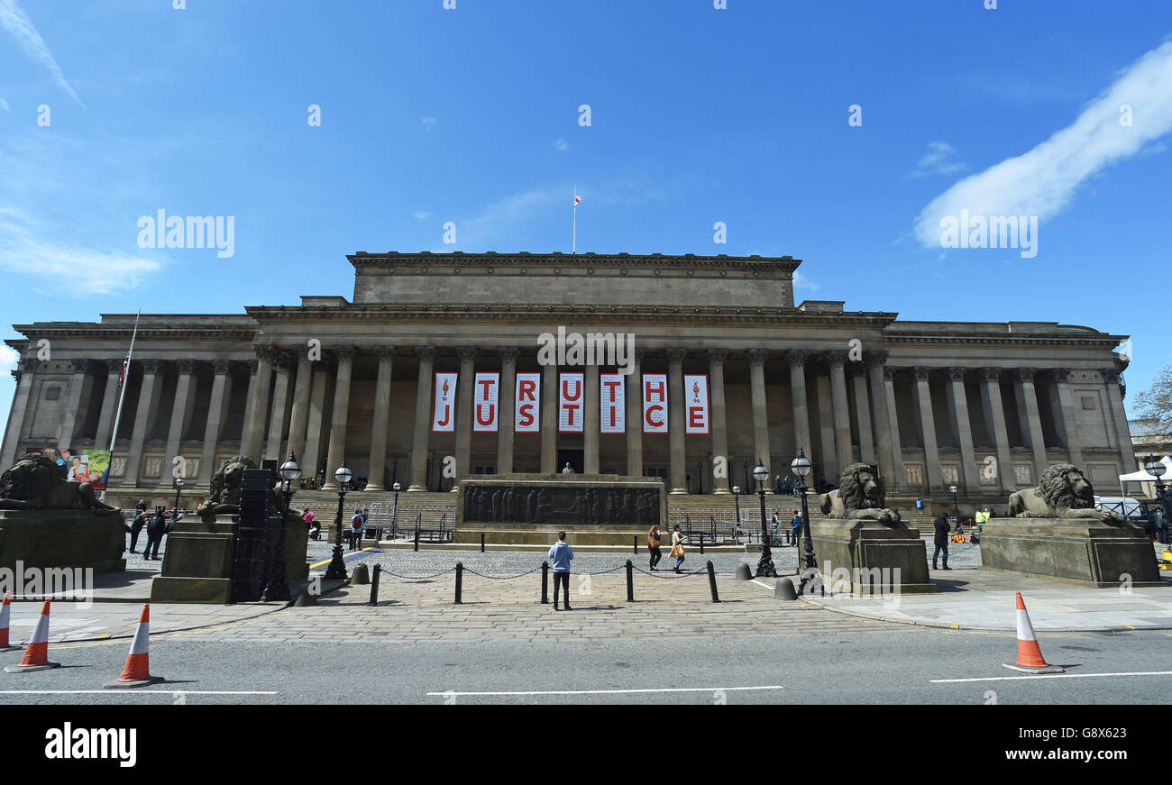 A giant banner is unveiled at St George's Hall in Liverpool after the inquest jury ruled the 96 victims in the Hillsborough disaster had been unlawfully killed. Stock Photo