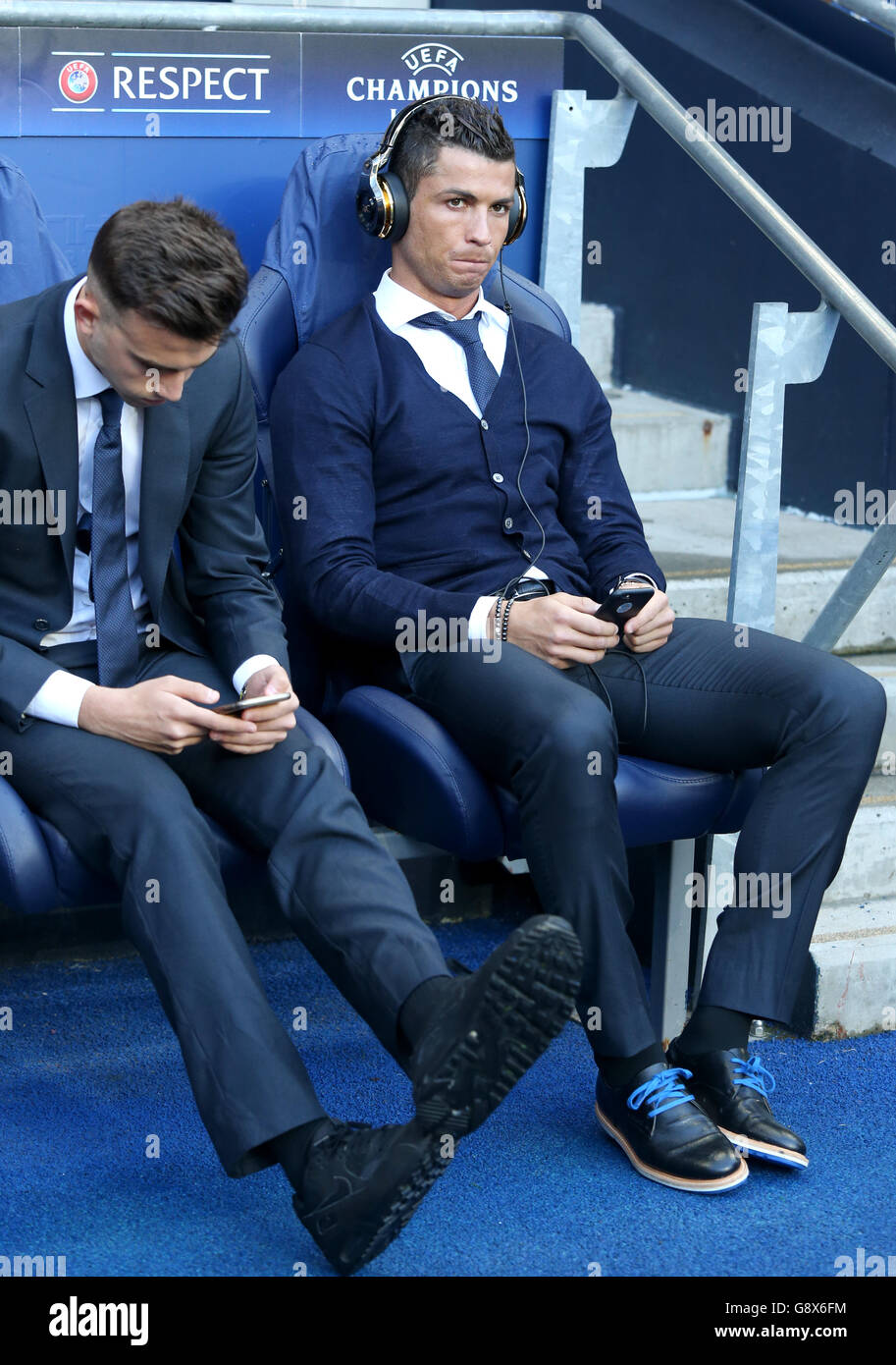 Real Madrid s Cristiano Ronaldo in the dugout prior to the UEFA Champions League Semi Final match at the Etihad Stadium Manchester Stock Photo Alamy