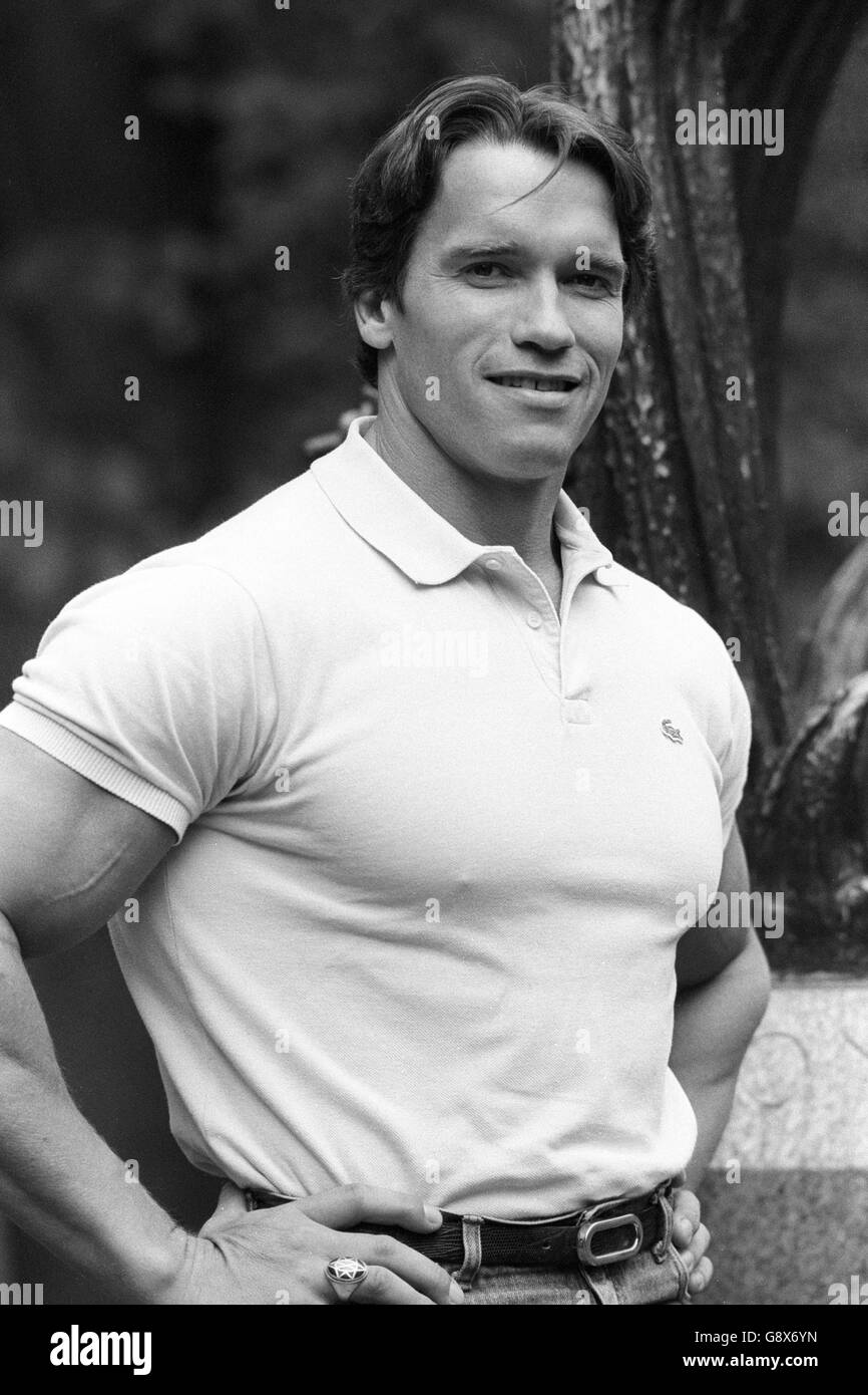 Austrian-born bodybuilder and Hollywood star Arnold Schwarzenegger, 37, in  London to promote his latest film "Conan the Destroyer", sequel to "Conan  the Barbarian Stock Photo - Alamy
