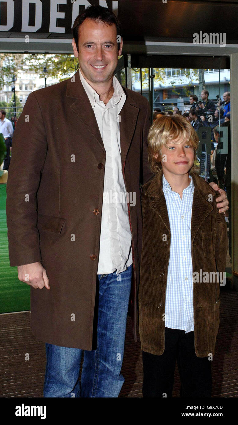 Lance Gerrard-Wright, husband of Ulrika Jonsson, with her son Cameron arrive for the UK premiere of 'Wallace & Gromit: The Curse of the Were-Rabbit', at the Odeon Leicester Square, central London. Stock Photo