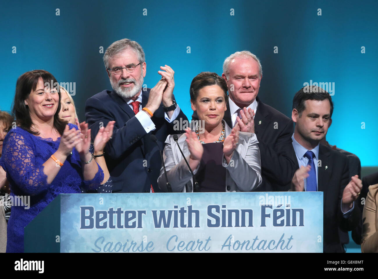 (left to right) Michelle Gildernew, Sinn Fein Councillor Catherine Seeley, Sinn Fein president Gerry Adams, Vice-President of Sinn Fein Mary Lou McDonald, First Minister of Northern Ireland Martin McGuinness and Sinn Fein politician Pearse Doherty at the Sinn Fein ard fheis at The Convention Centre in Dublin. Stock Photo