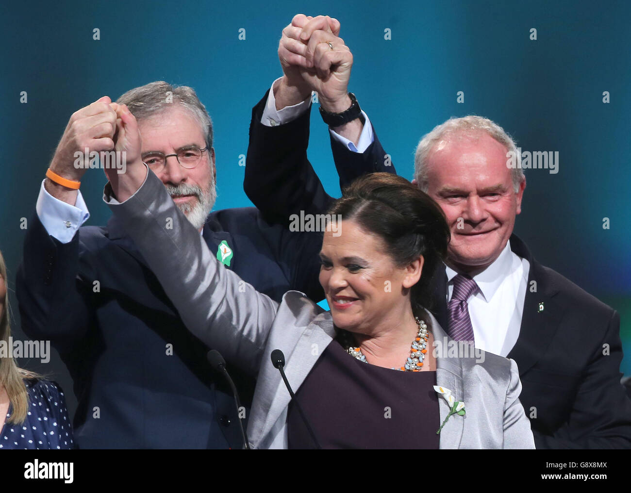 (left to right) Sinn Fein president Gerry Adams, Vice-President of Sinn Fein Mary Lou McDonald, First Minister of Northern Ireland Martin McGuinness at the Sinn Fein ard fheis at The Convention Centre in Dublin. Stock Photo