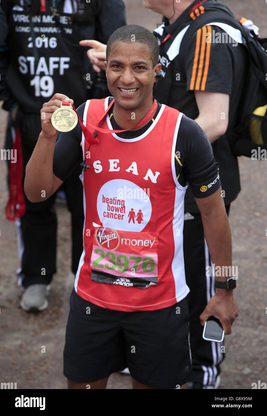 Journalist Sean Fletcher at the finish line during the 2016 Virgin ...