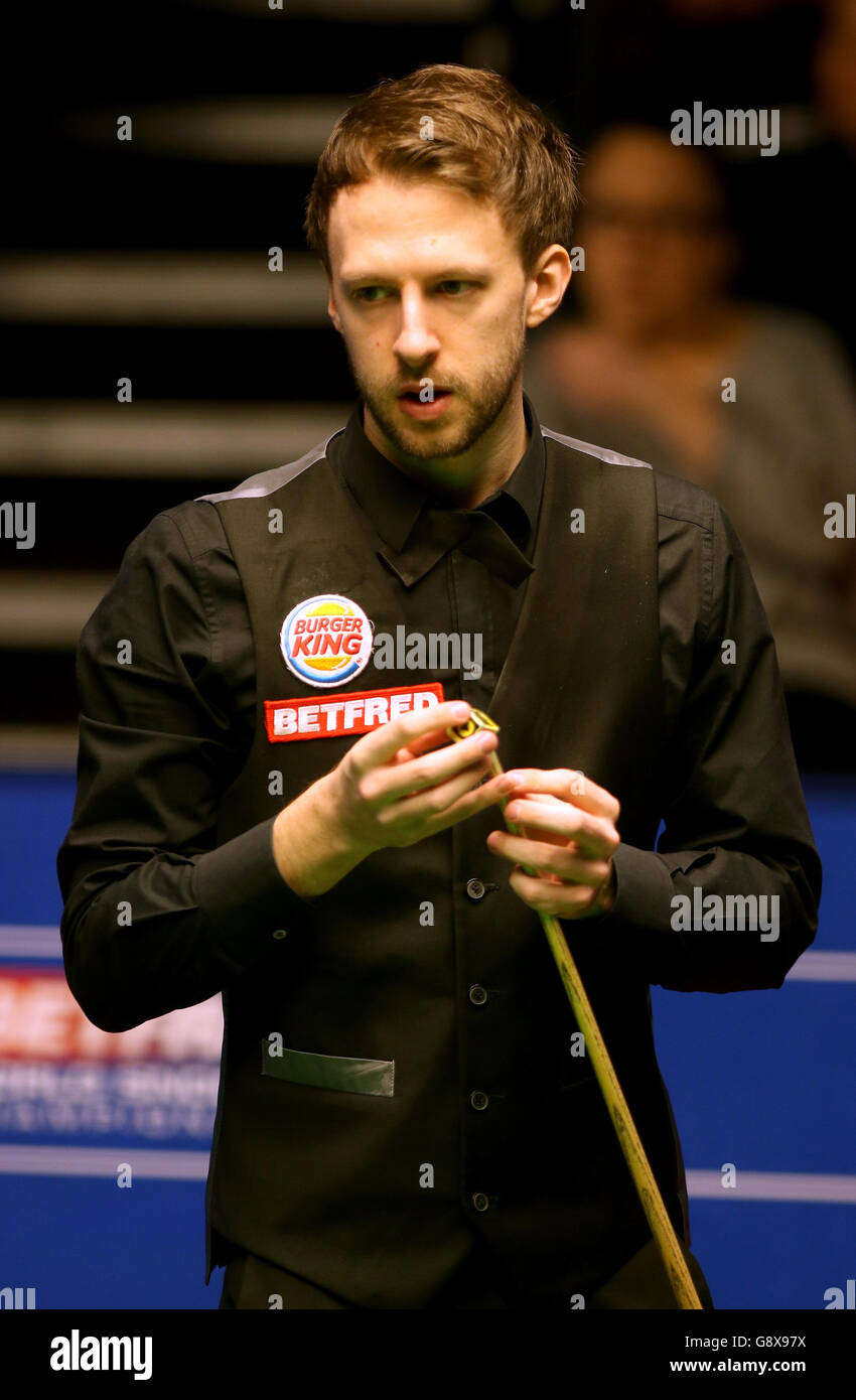 Judd Trump during day nine of the Betfred Snooker World Championships at the Crucible Theatre, Sheffield. Stock Photo