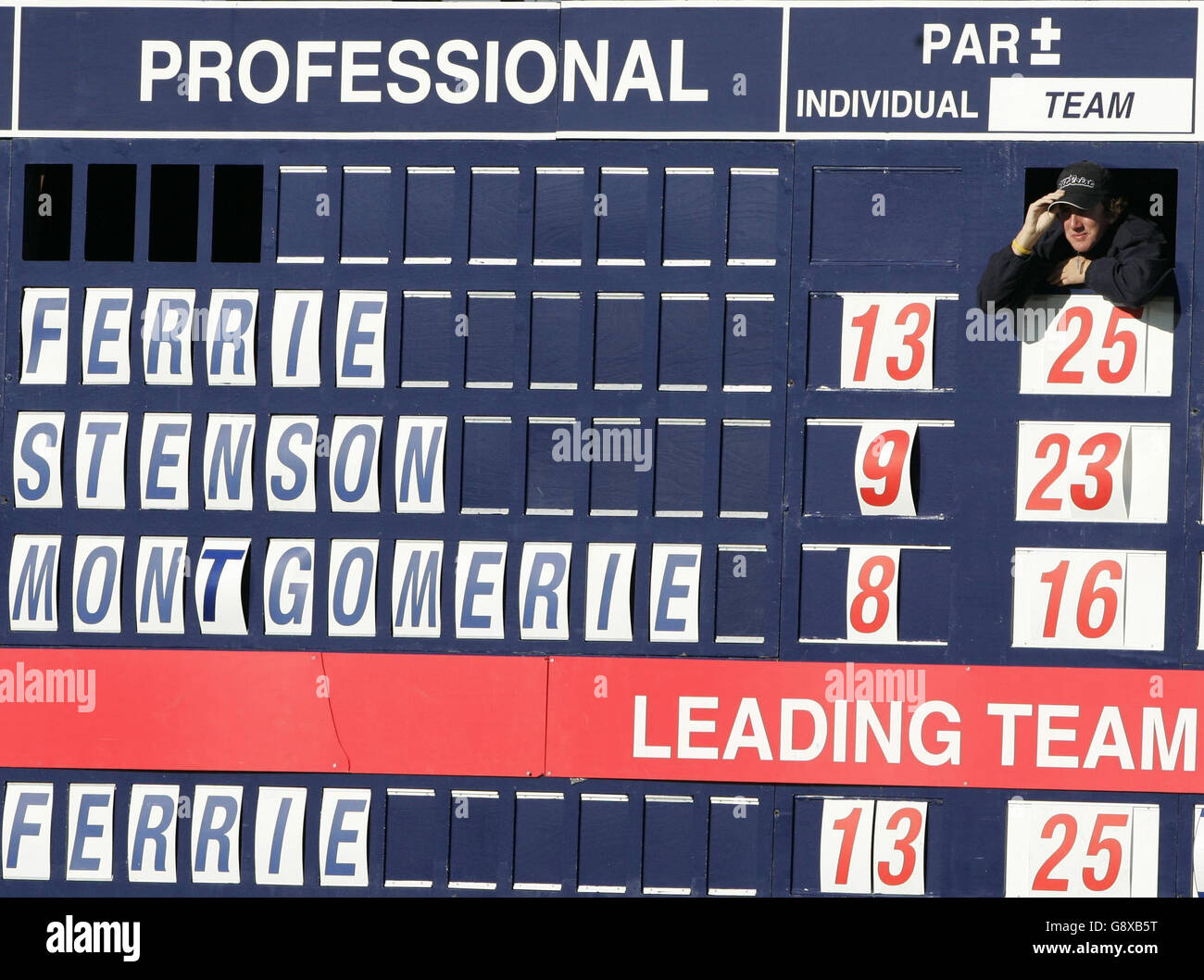 A scoreboard man keeps an eye on the golf with England's Kenneth Ferrie at the top of the leaderboard during the third round of the Dunhill Links Championships at Kingsbarns Golf Course, Fife, Scotland, Saturday October 1, 2005. PRESS ASSOCIATION Photo. Photo credit should read: Andrew Milligan/PA. Stock Photo