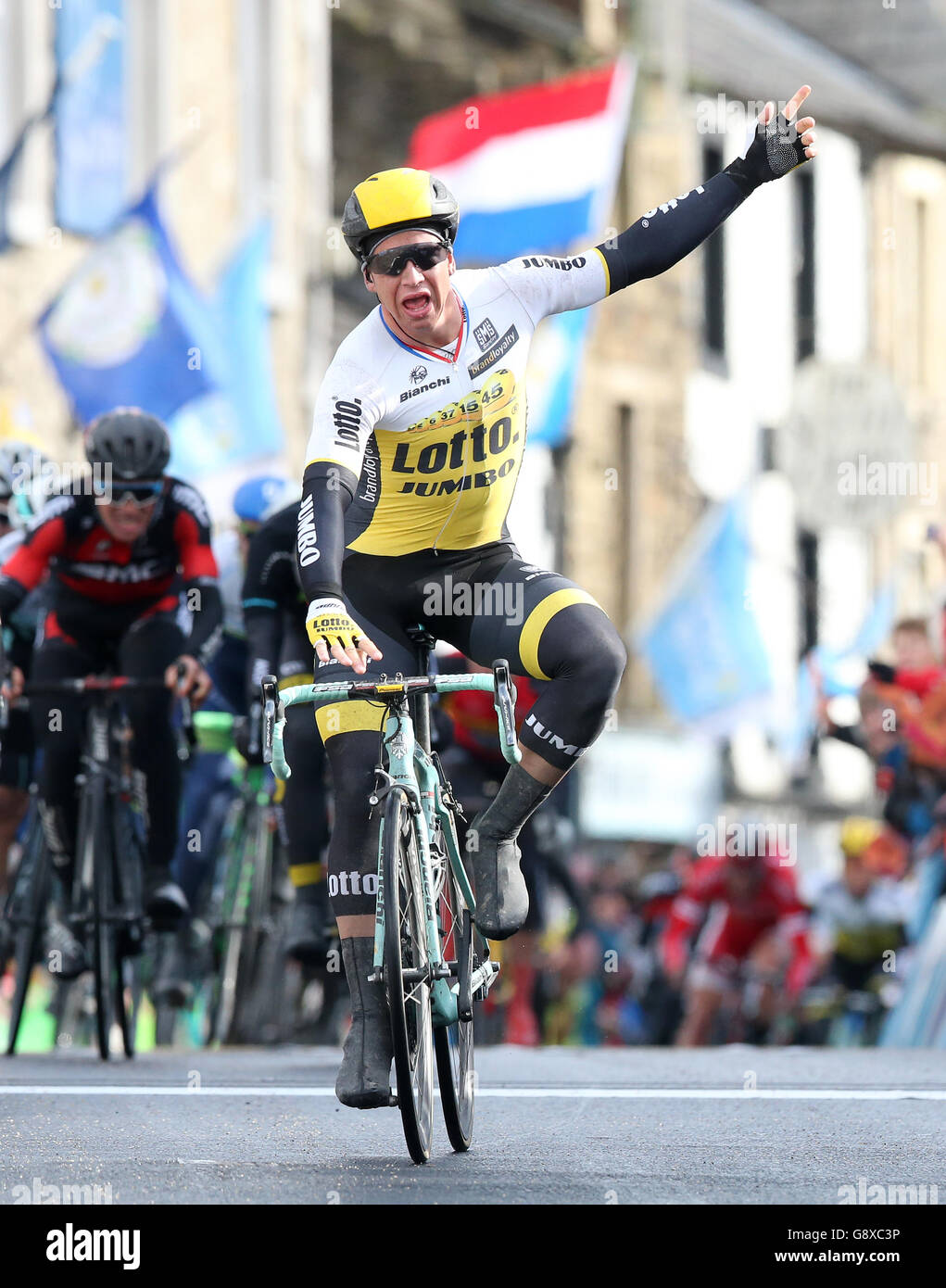 Lotto Jumbo rider Dylan Groenewegen wins stage one of the Tour de Yorkshire in Settle. Stock Photo