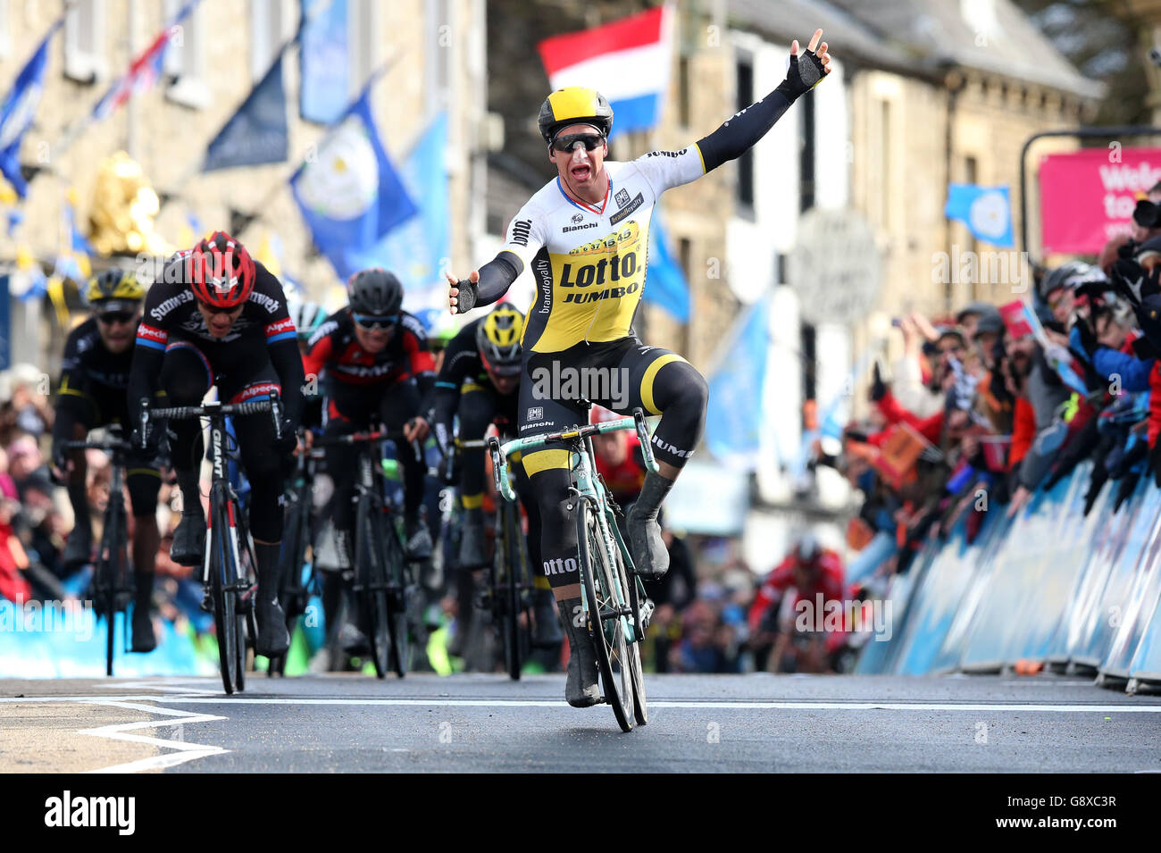 Lotto Jumbo rider Dylan Groenewegen wins stage one of the Tour de Yorkshire in Settle. Stock Photo