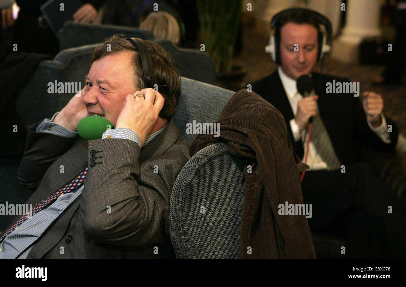 Conservative leadership rivals Kenneth Clarke (left) and David Cameron (right) during seperate radio interviews in the lobby of the Imperial Hotel, Blackpool. Stock Photo