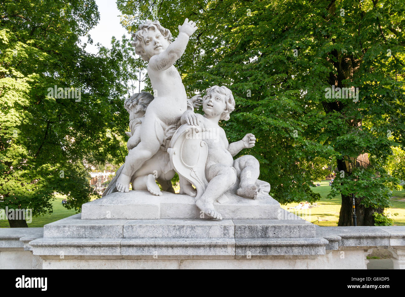 Sculpture of putti near entrance of Neue Burg, New Castle, in Burggarten Gardens, Hofburg in downtown Vienna, Austria Stock Photo