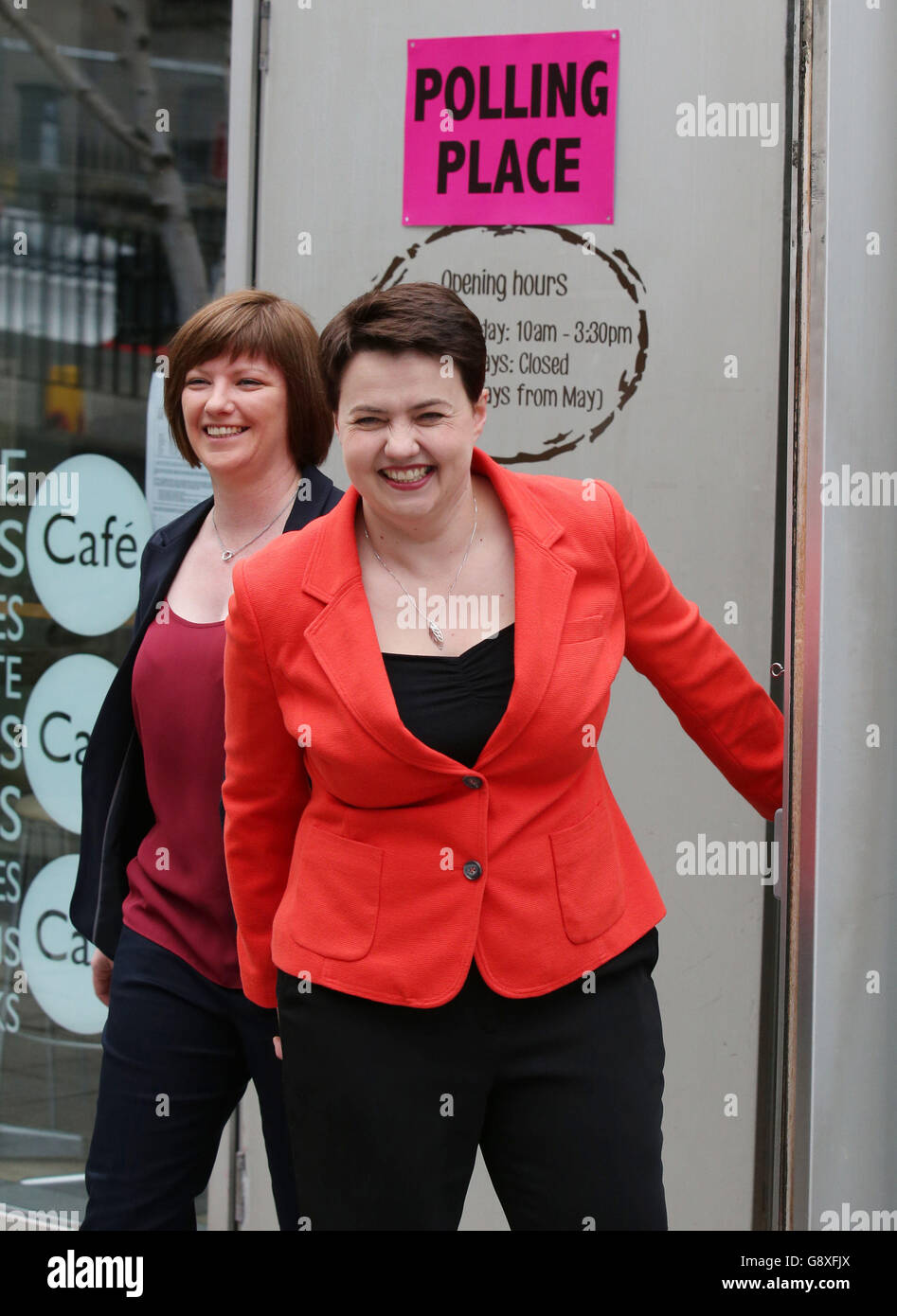Scottish Conservative leader Ruth Davidson leaves with partner Jen Wilson after casting her vote at Cafe Camino, St Mary's Parish Centre in Edinburgh for the Scottish parliamentary elections on polling day. Stock Photo