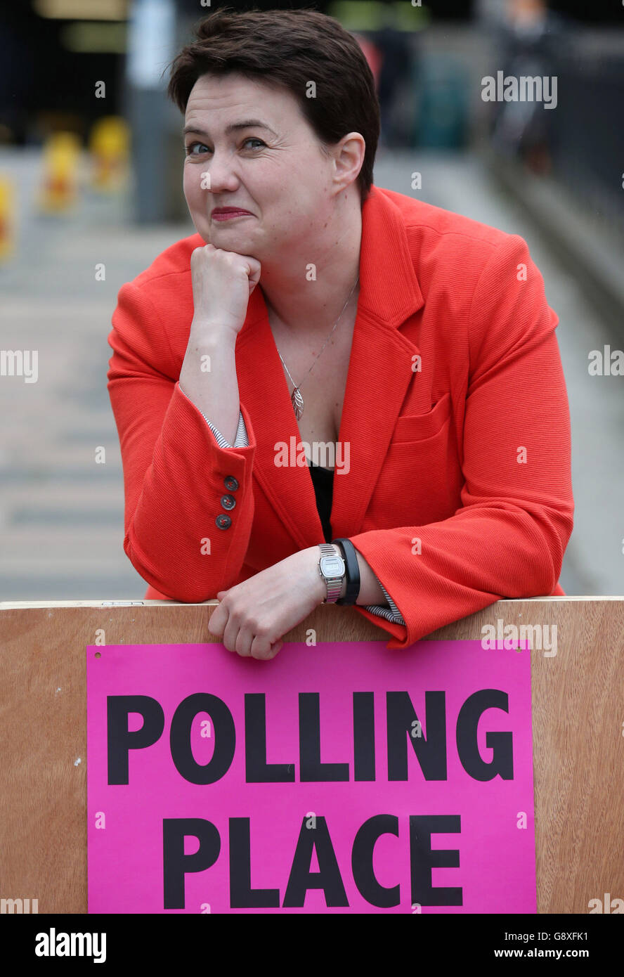 Scottish Conservative leader Ruth Davidson arrives to cast her vote at Cafe Camino, St Mary's Parish Centre in Edinburgh for the Scottish parliamentary elections on polling day. Stock Photo