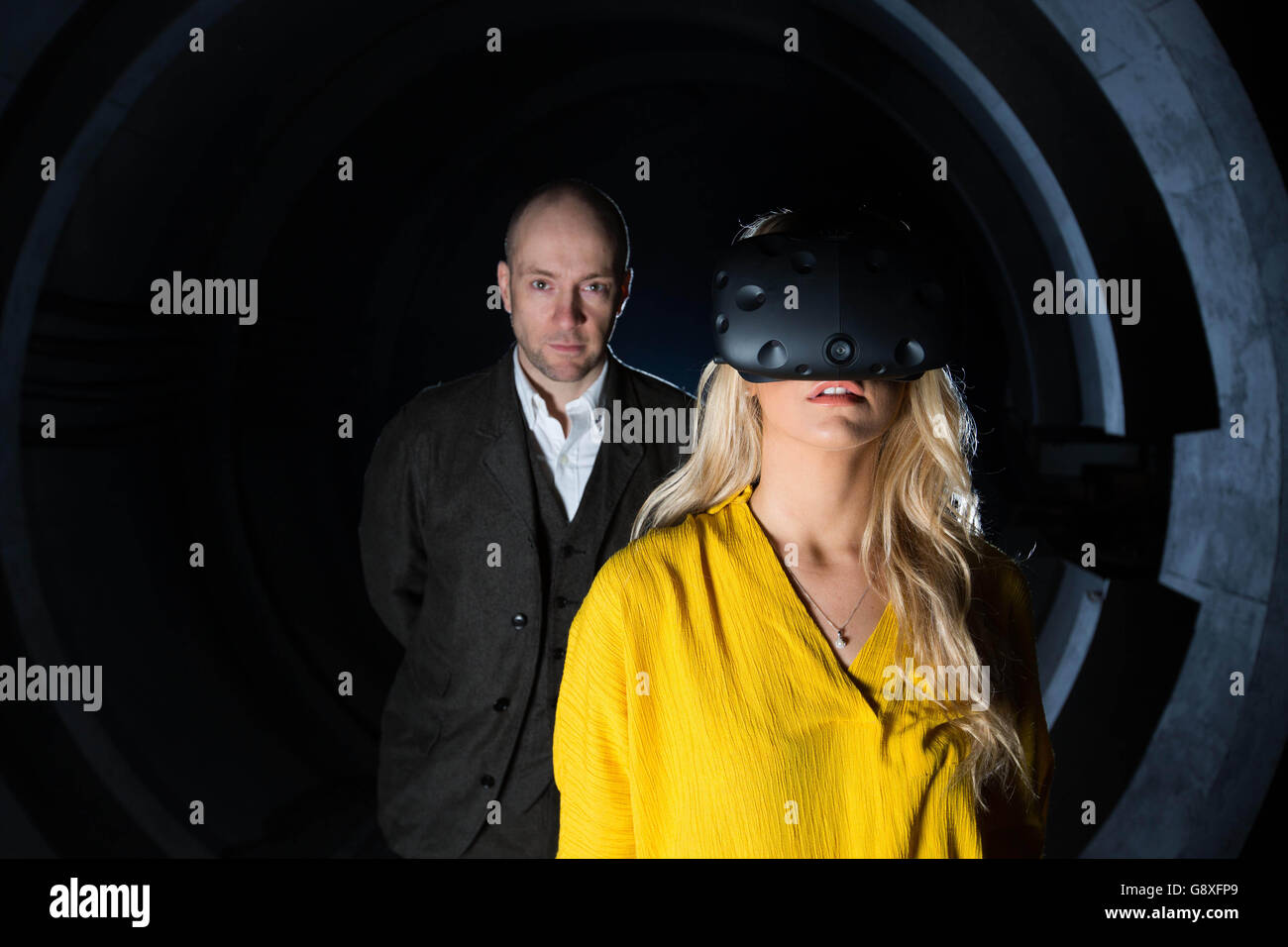 Illusionist Derren Brown and Lauren Singleton take an exclusive behind the scenes tour of his new 'Derren Brown's Ghost Train', ahead of it's public opening later this year at Thorpe Park Resort in Surrey. Stock Photo