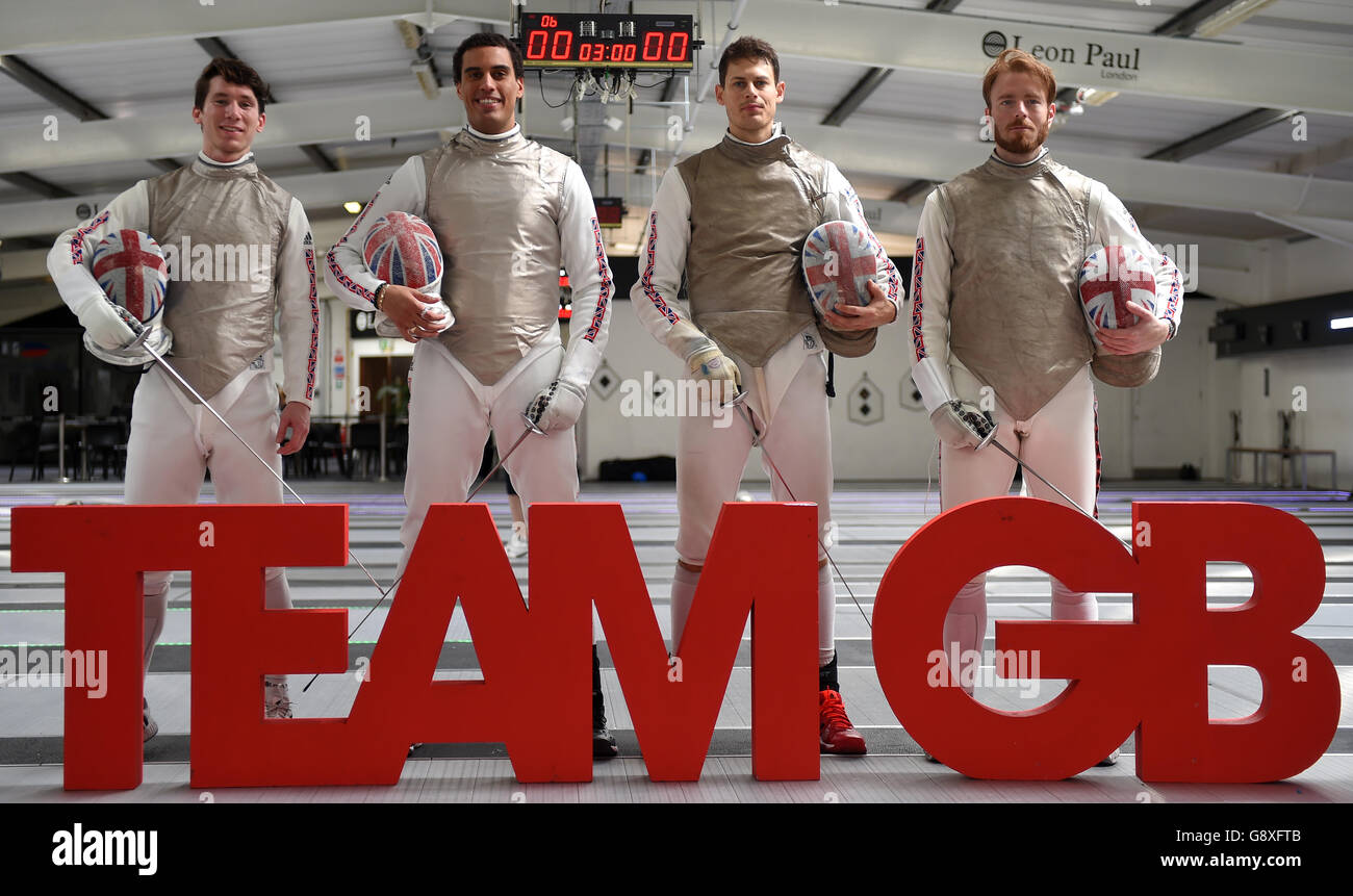 Great Britain's (left to right) Marcus Mepstead, James Davis, Richard Kruse and Laurence Halsted pose for a group photograph during the Fencing Olympic Team announcement at the British Fencing Elite Training Centre, London Stock Photo