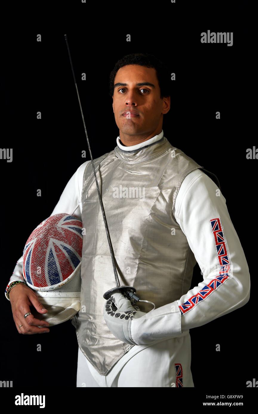 Great Britain's James Davis poses for a photograph during the Fencing Olympic Team announcement at the British Fencing Elite Training Centre, London Stock Photo