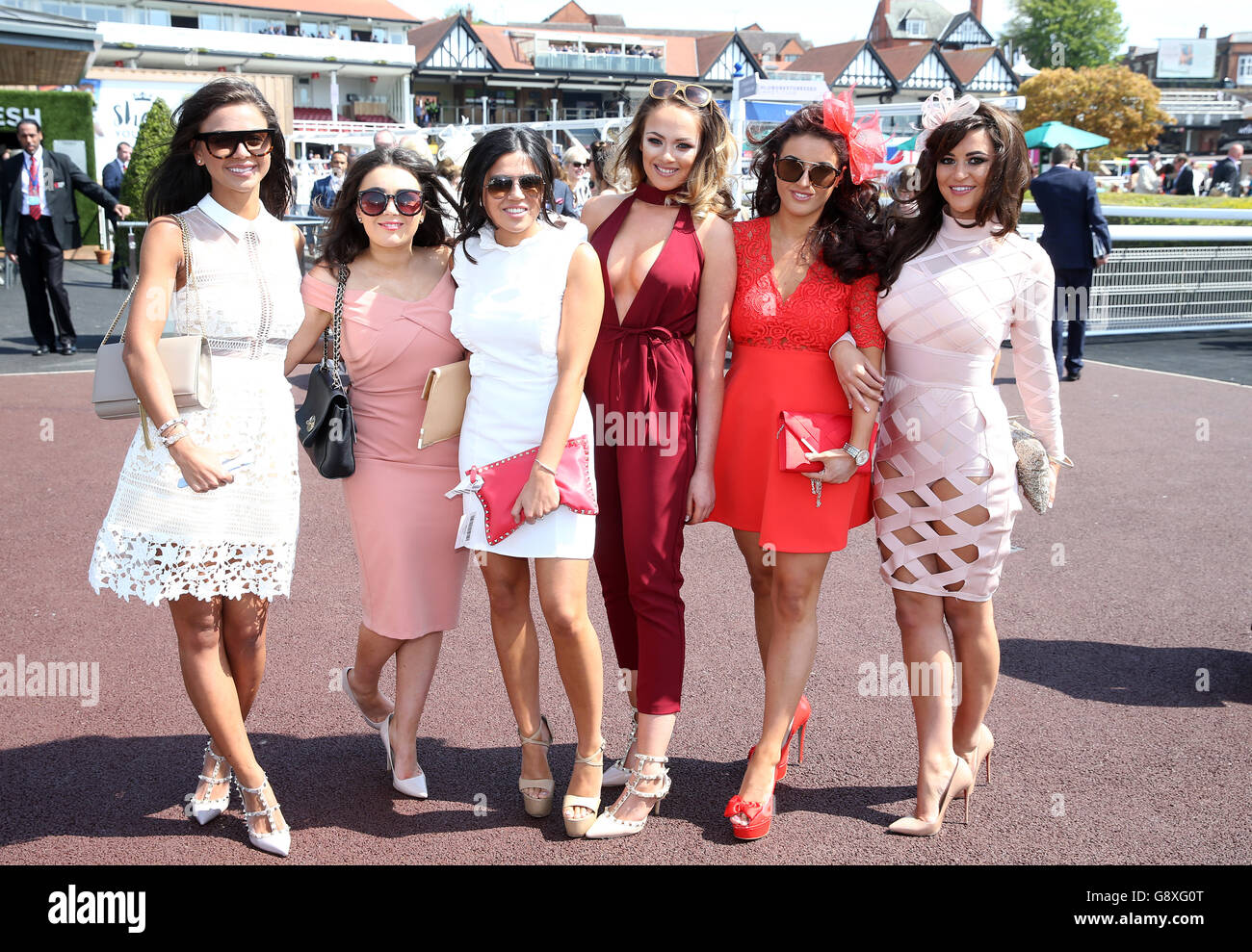 Racegoers arrives at Chester Race Course, during Boodles Ladies Day of the Boodles May Festival at Chester Racecourse. Stock Photo