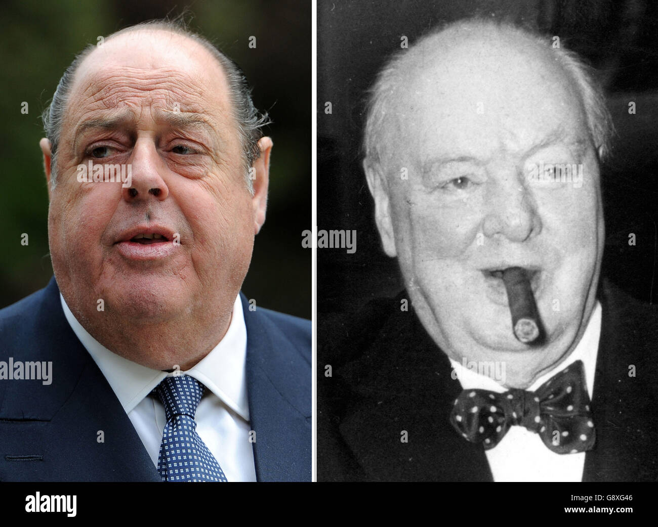 Undated phtos of Sir Nicholas Soames and his grandfather, Sir Winston Churchill. Great heroes like Sir Winston may have struggled in the devastating spotlight of social media, his grandson has said. Stock Photo