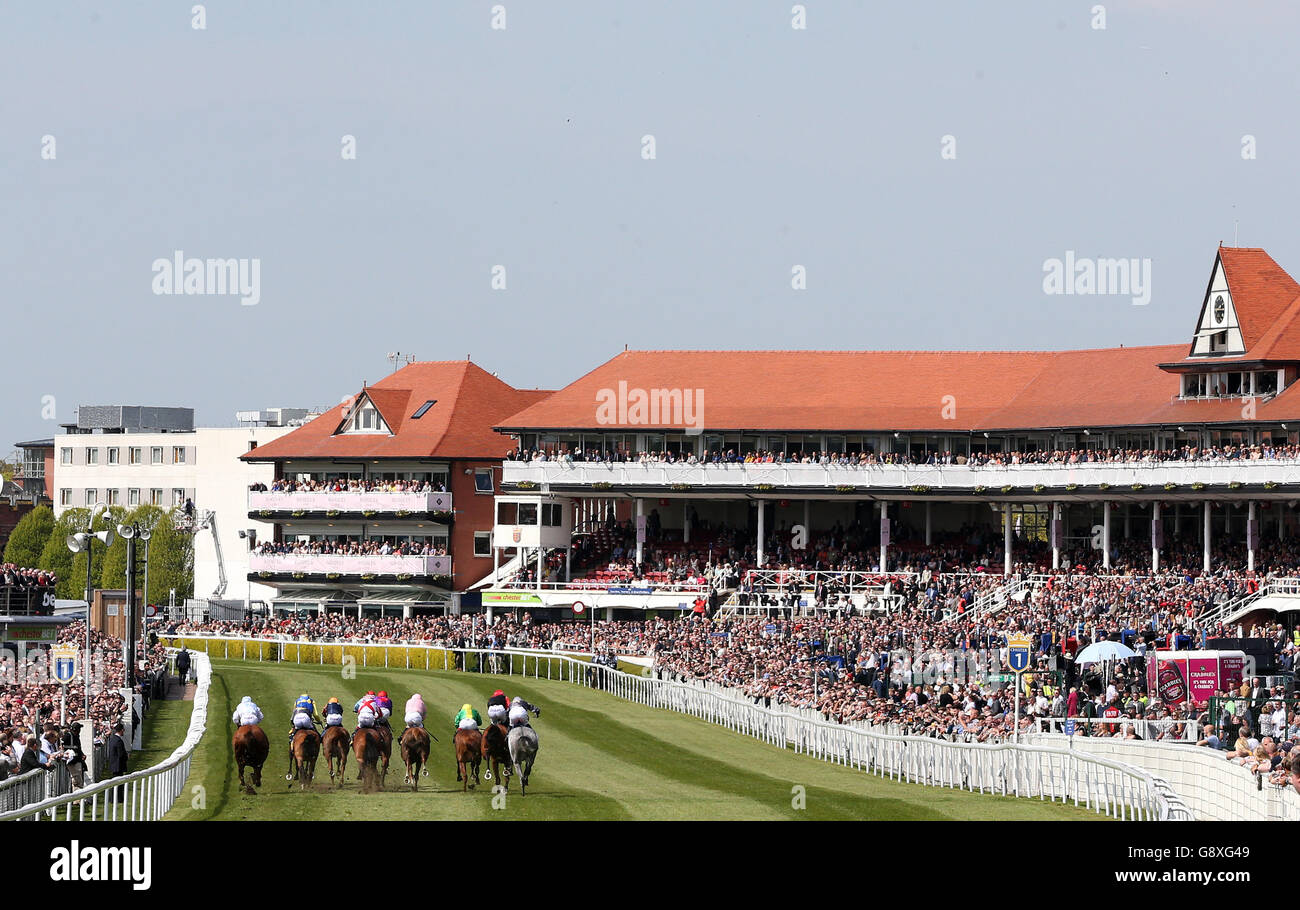 Action from The Gateley PLC Original Legal Thinking Handicap Stakes as Dark Red ridden by Silvestre De Sousa takes victory during Boodles Ladies Day of the Boodles May Festival at Chester Racecourse. Stock Photo