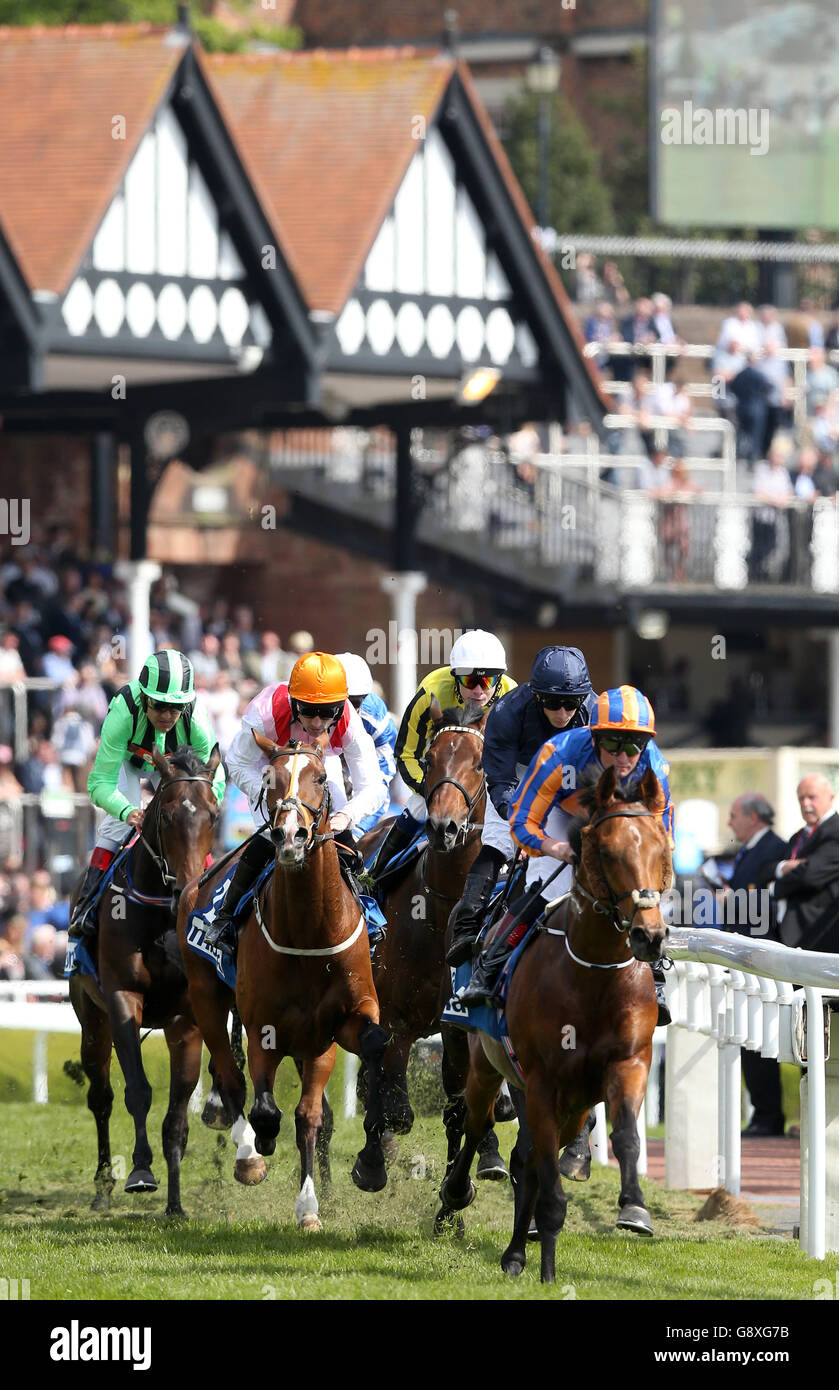 US Army Ranger (2nd right) ridden by Ryan Moore on the first lap of the course, on its way to winning The MBNA Chester Vase from Port Douglas (right), during Boodles Ladies Day of the Boodles May Festival at Chester Racecourse. Stock Photo