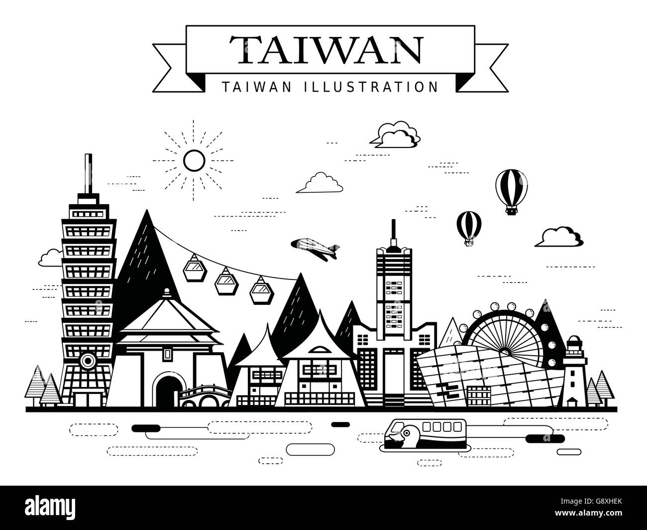 Taiwan travel concept poster with famous attractions in monochrome Stock Vector