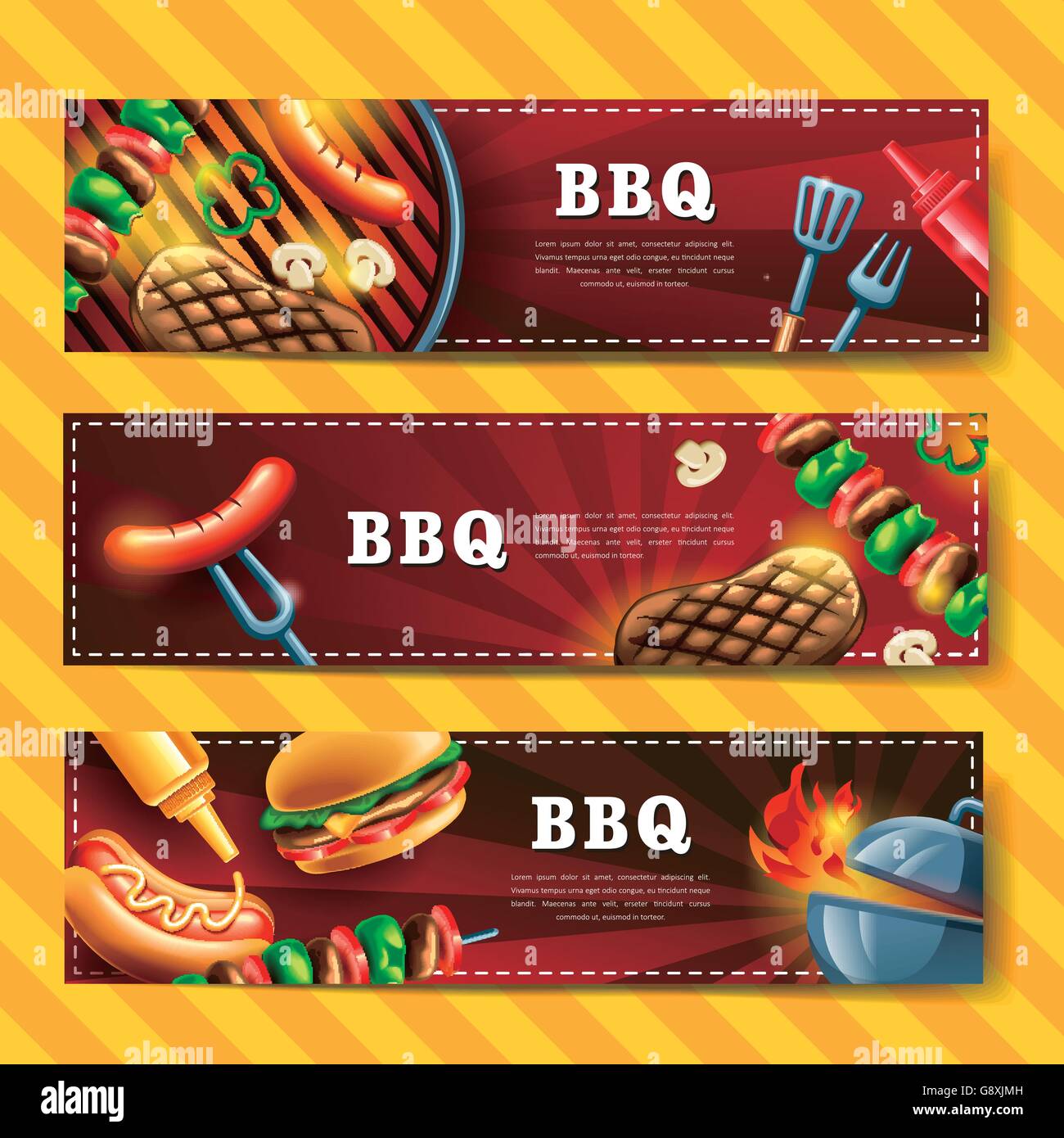Delicious BBQ banner design set with gourmet illustration Stock Vector