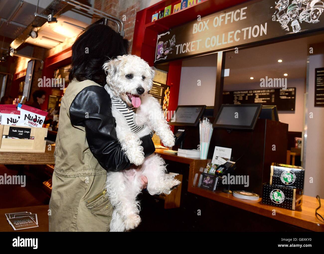 Dogs and their owners attend a special screening of Laurie Anderson's film Heart of a Dog, at Picturehouse Central in London. Stock Photo