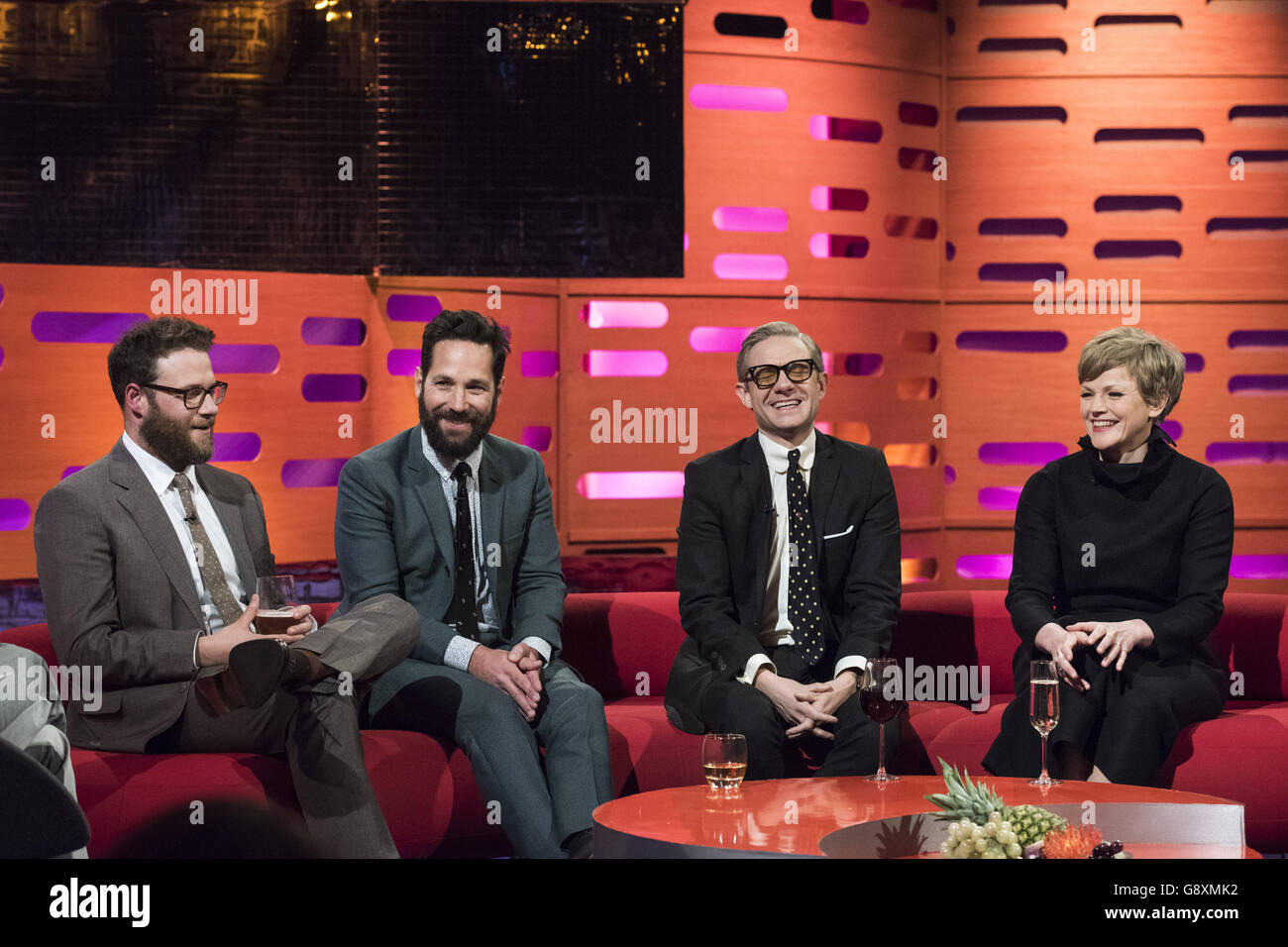 (left to right) Seth Rogen, Paul Rudd, Martin Freeman and Maxine Peake during filming of The Graham Norton Show, at The London Studios, south London, to be aired on BBC One on Friday evening. Stock Photo