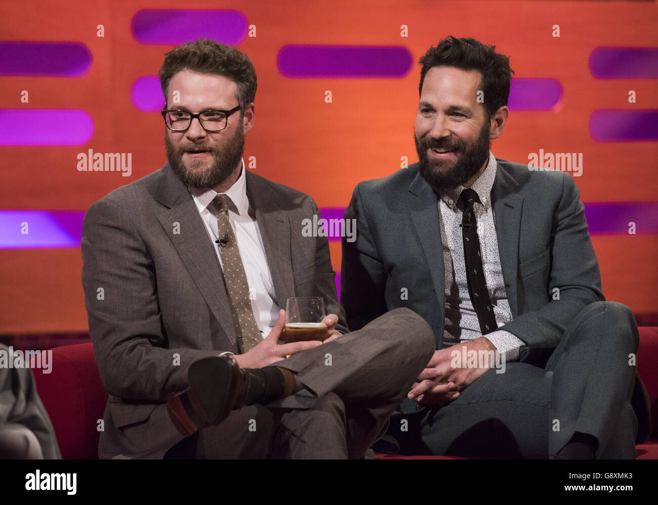 Seth Rogen (left) and Paul Rudd during filming of The Graham Norton Show, at The London Studios, south London, to be aired on BBC One on Friday evening. Stock Photo