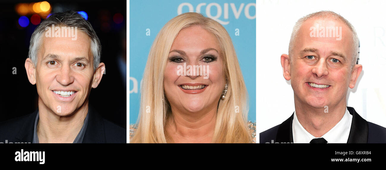 File photos of (from the left) Gary Lineker, Vanessa Feltz and Dominic Cooke. Stock Photo