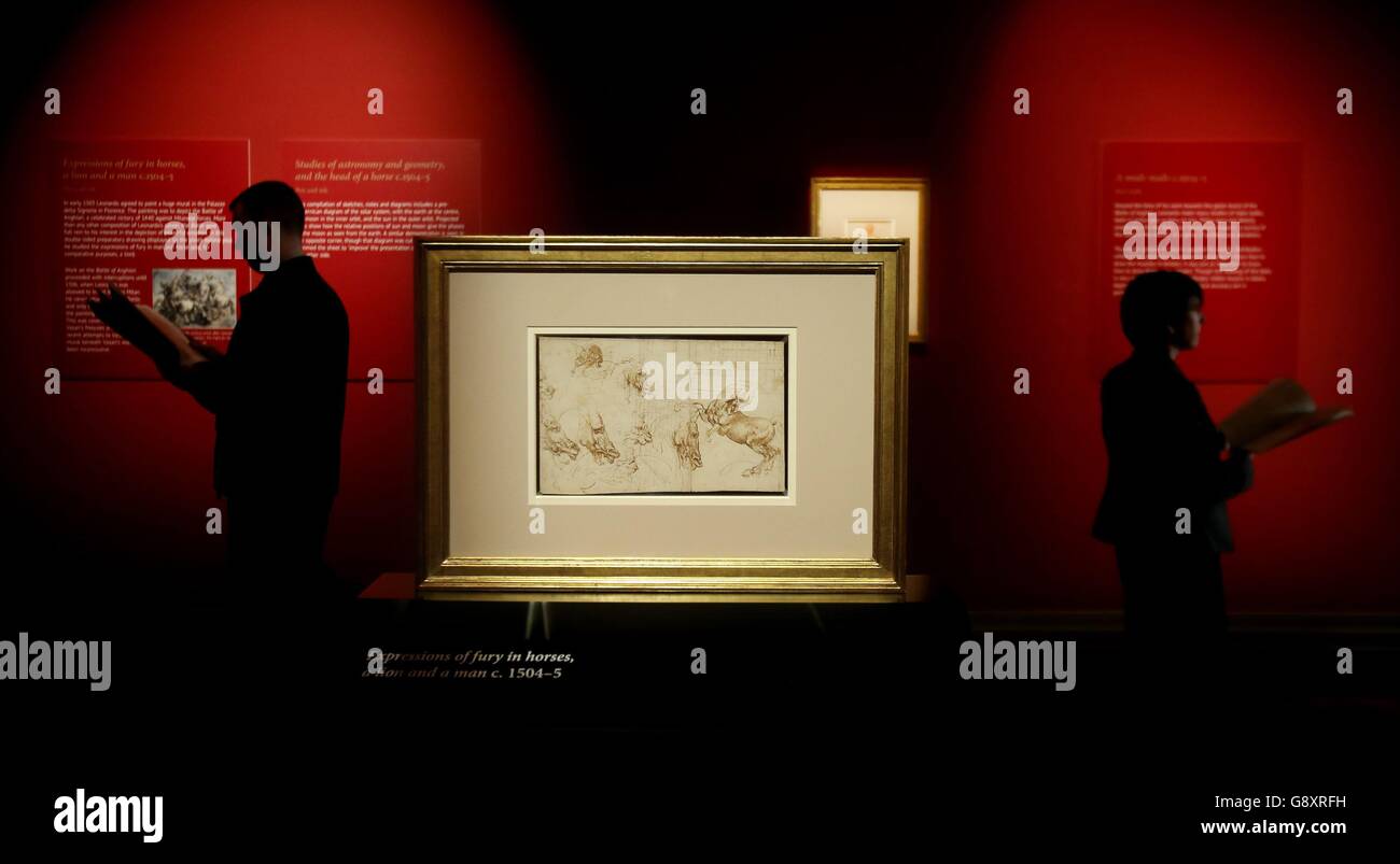 People attend the press preview of the exhibition, Leonardo da Vinci, Ten drawings from the Royal Collection, at the National Gallery of Ireland in Dublin which runs until July 17th. Stock Photo