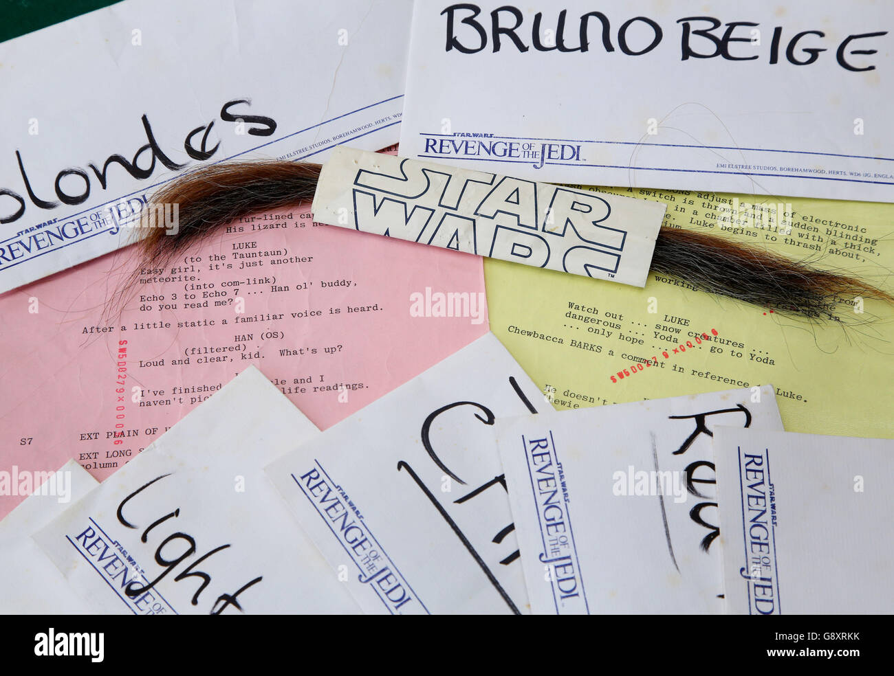 A view of Star Wars memorabilia and scripts on view at Catherine Southon Auctioneers in Bromley, Kent, part of a collection of make-up related items from Stuart Freeborn, who was in charge of make-up for the first three Star Wars films. Stock Photo