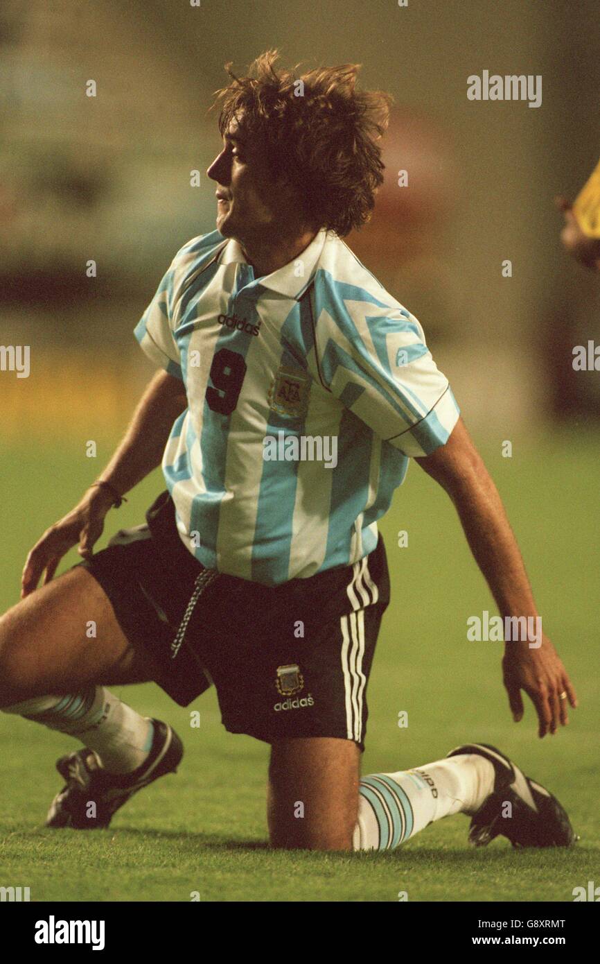 Soccer - World Cup Qualifier - Argentina v Colombia. Gabriel Batistuta of Argentina gets to his feet Stock Photo