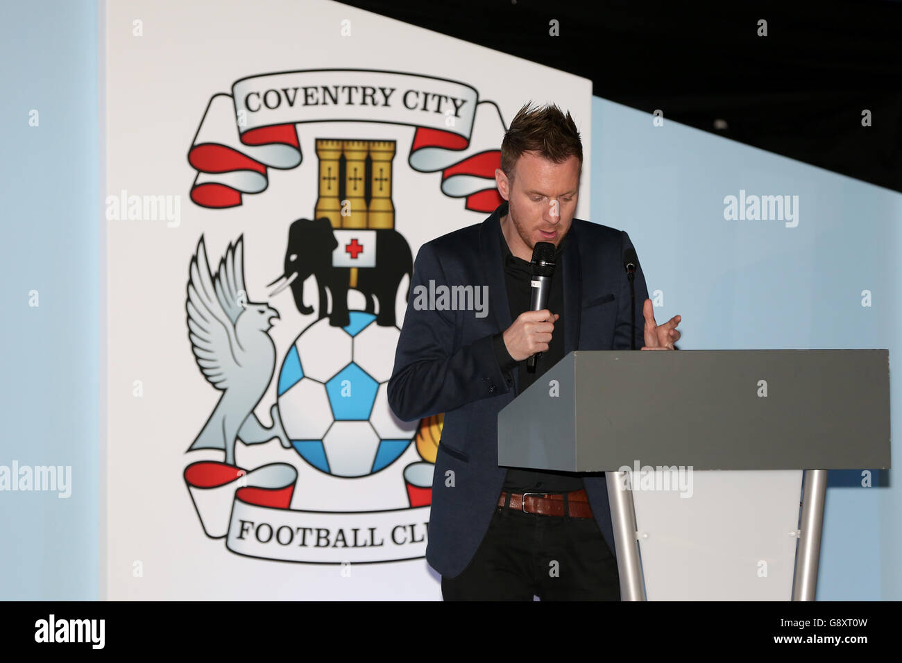 Coventry City End of Season Awards Evening. Compere John 'JD' Dalziel speaks during the awards evening Stock Photo