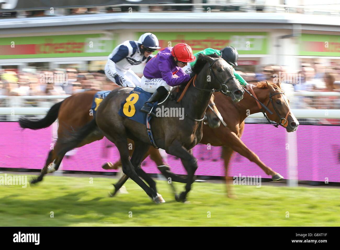 Justice Angle ridden by Silvestre De Sousa wins The Perfection Secrets Handicap Stakes, during Boodles Ladies Day of the Boodles May Festival at Chester Racecourse. Stock Photo