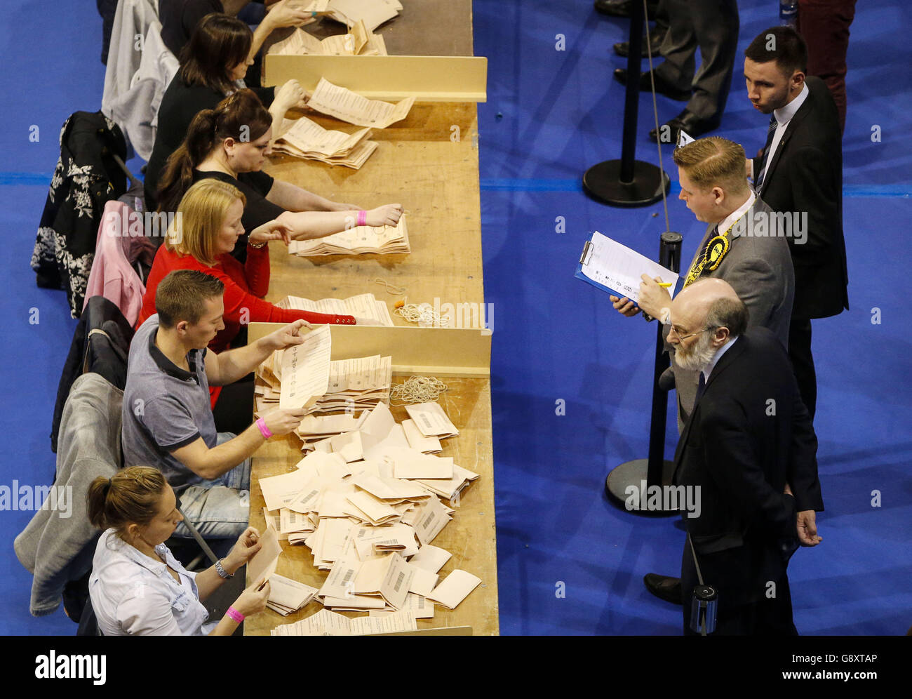 Ballots from the Scottish Parliament election are counted at the Emirates Arena in Glasgow, Scotland. Stock Photo