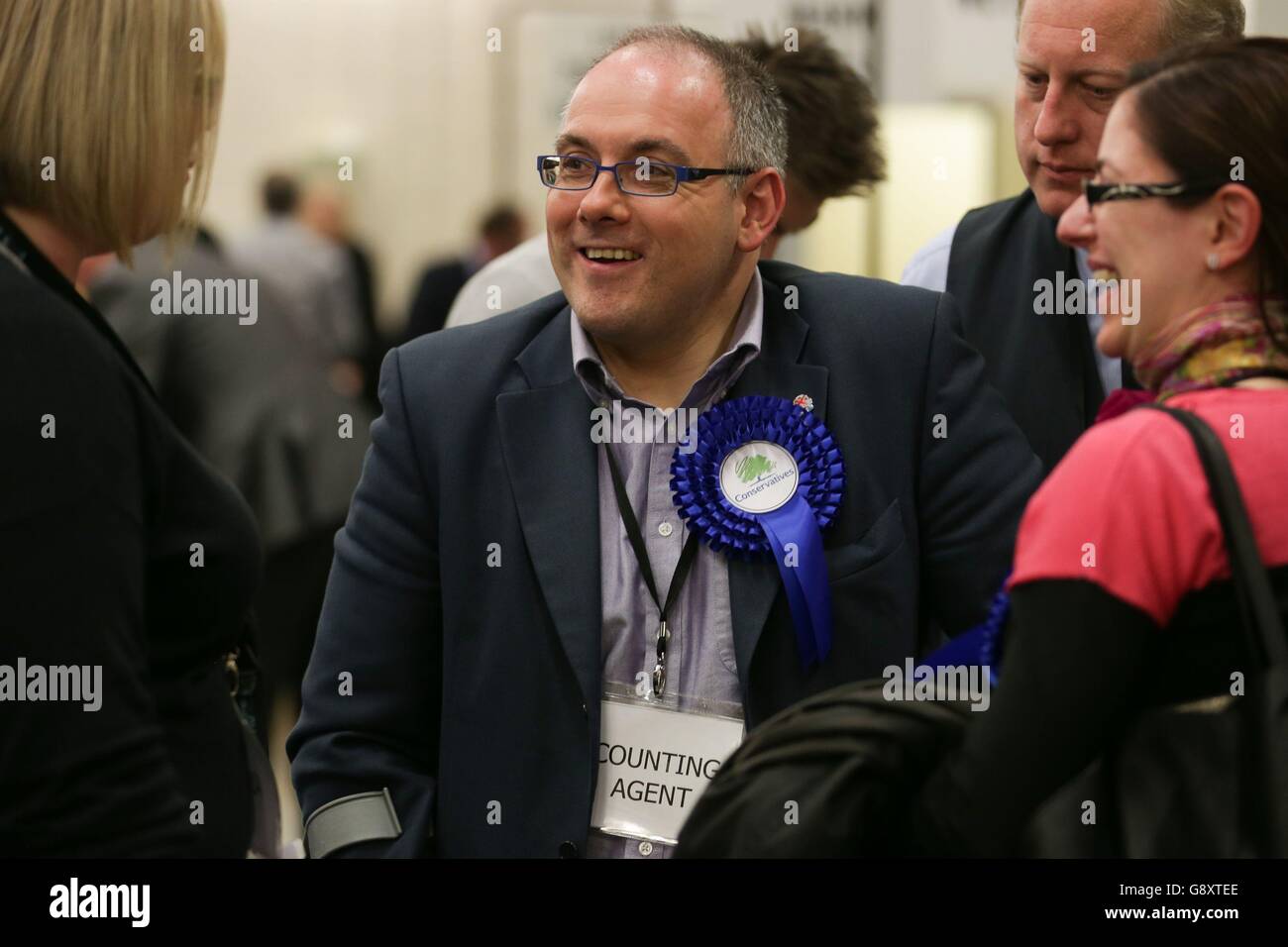 Minister without Portfolio Robert Halfon attending as a counting agent during the election count at the Latton Bush Centre, Southern Way, Harlow, Essex, as counting continues across the UK in local council elections. Stock Photo