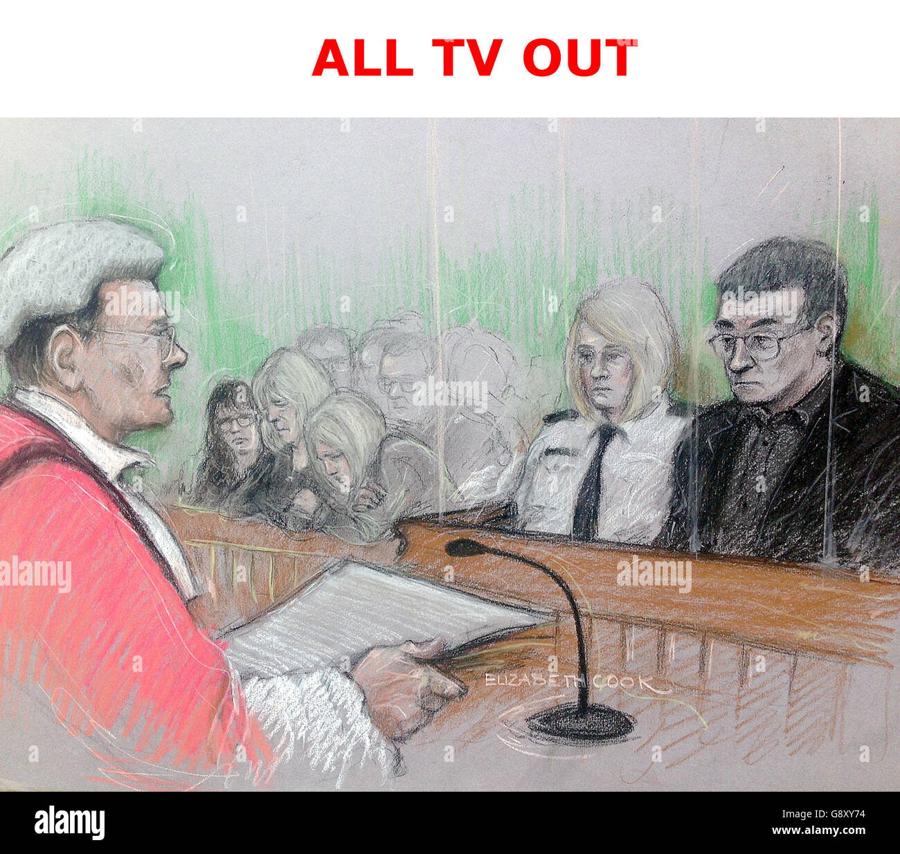 ALL TV OUT Court artist sketch by Elizabeth Cook of Christopher Hampton in the dock at Bristol Crown court, where he was jailed for at least 22 years for murdering teenager Melanie Road in a brutal sexually motivated attack 32 years ago. Stock Photo