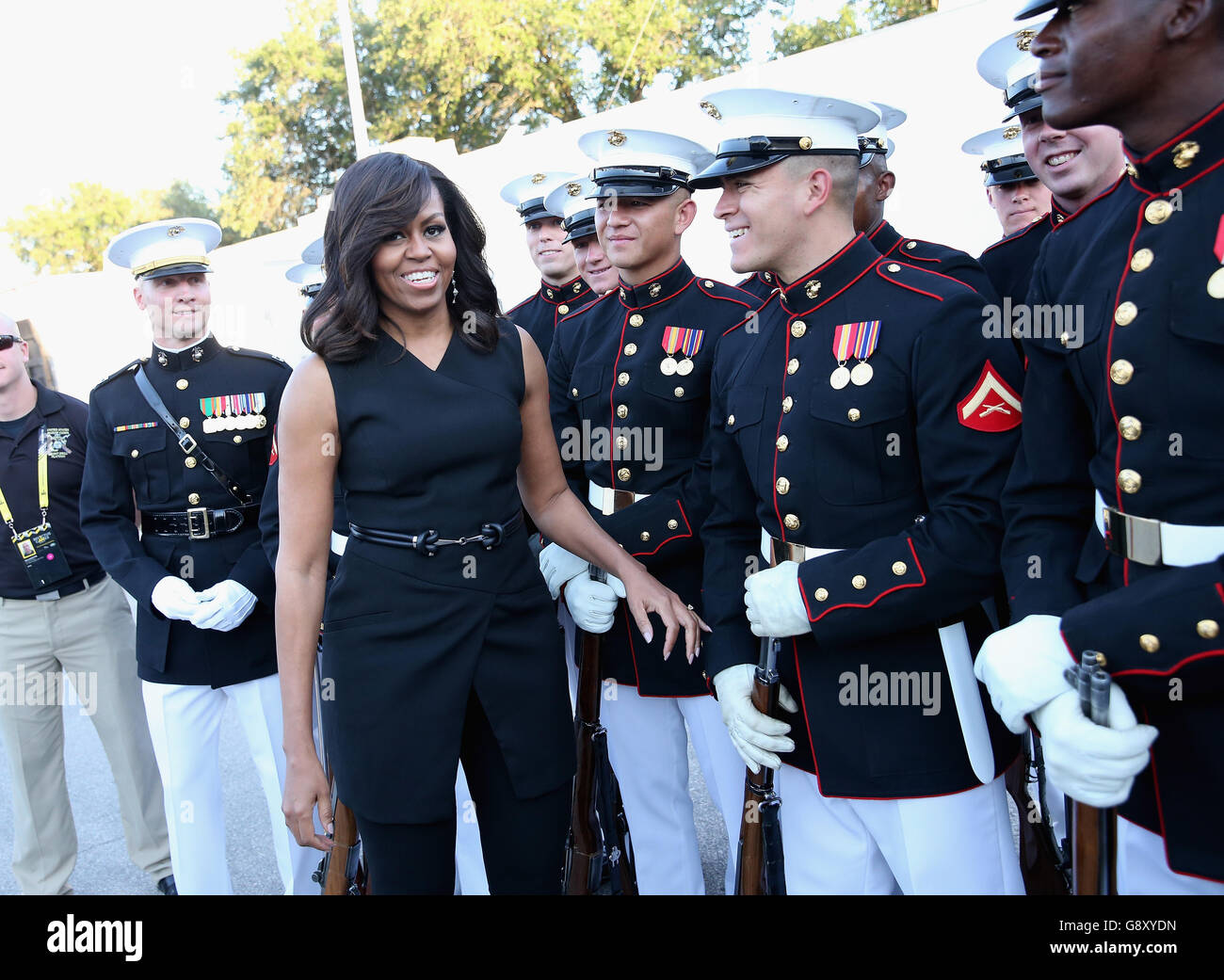 First Lady Michelle Obama meets the US Marine Corps Silent Drill Platoon ahead of the Opening Ceremony of the Invictus Games Orlando 2016 at ESPN Wide World of Sports in Orlando, Florida. Stock Photo