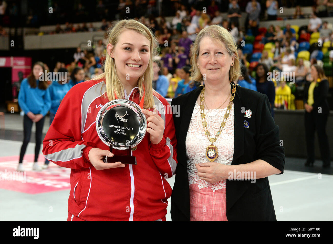 Hertfordshire Mavericks v Team Bath - Netball Superleague - Grand Final Day - Third Place Playoff - Copper Box Arena. The Linden Netball Club captain with the trophy for winning Premier League 3 Stock Photo