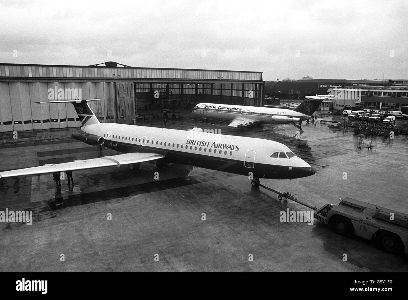 The old (in background) and new style B-Cal aircraft at Gatwick Airport, after the first of the British Caledonian's BAC 1-11 500 series of jets to be painted in the new British Airways livery. Archive-PA226398-3 Stock Photo