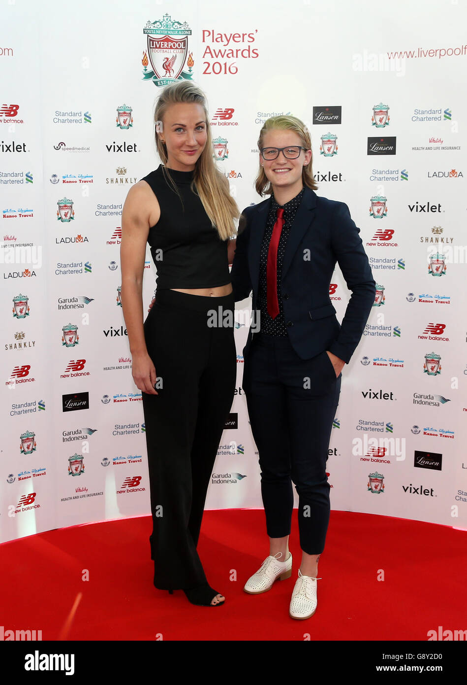 Liverpool's Ladies Emma Lundh (left) and Mandy Van Den Berg arrive for the  Liverpool Players' Awards 2016, at Kings Dock, Liverpool Stock Photo - Alamy