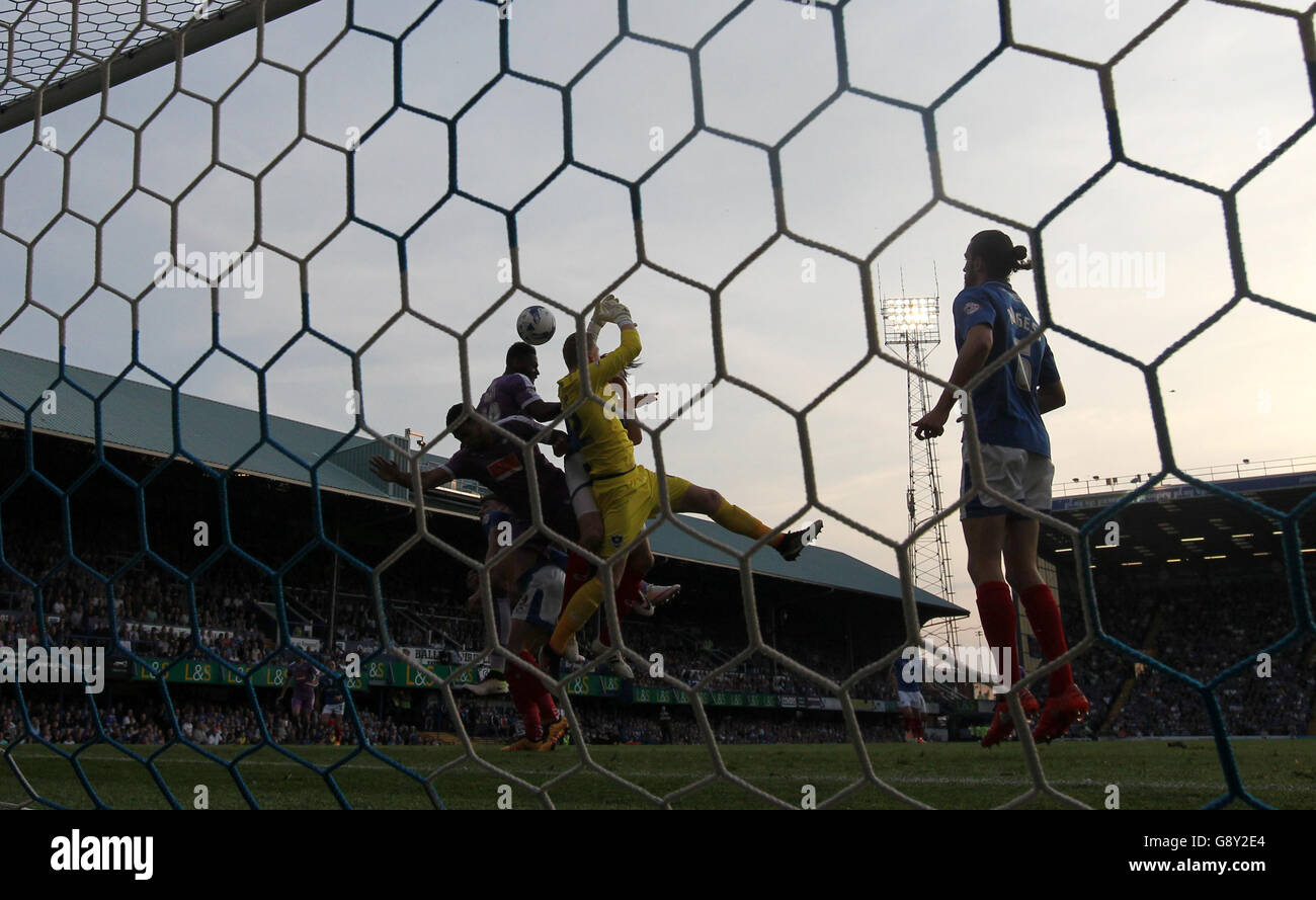 Plymouth Argyle's Jamille Matt (top left) scores his side's first goal of the game during the Sky Bet League Two playoff, first round game at Fratton Park, Portsmouth. Stock Photo