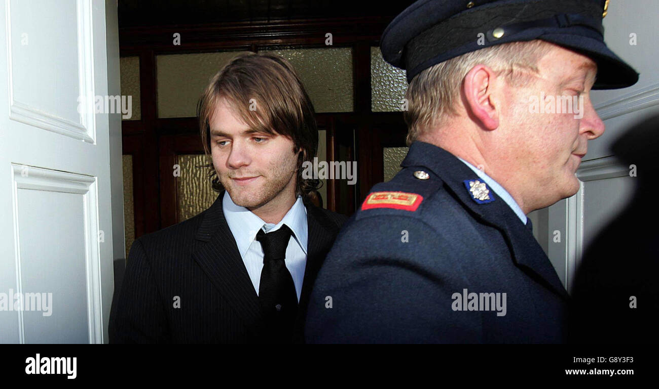 Brian McFadden, former Westlife member and boyfriend of Australian pop singer Delta Goodrem pictured leaving Balbriggan District Court, Dublin 13th October 2005 after a charges of speeding and careless driving were struck out See PA Story IRISH Mc Fadden.PRESS ASSOCIATION Photo. PHOTO CREDIT SHOULD READ Cathal Mc Naughton/PA Stock Photo