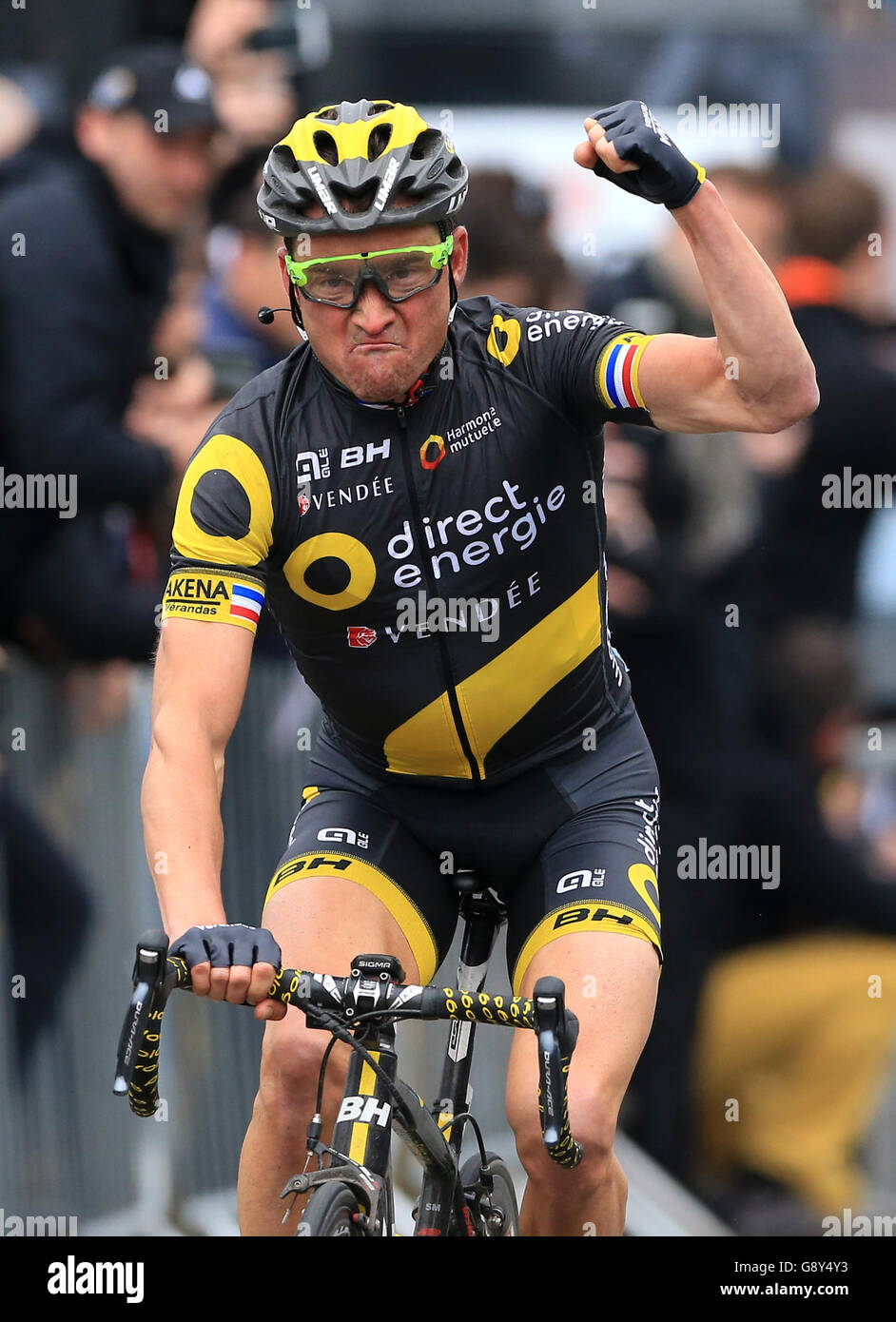 Pro-Team Direct Energie's Thomas Voeckler crosses the line to win stage three of the Tour de Yorkshire. Stock Photo