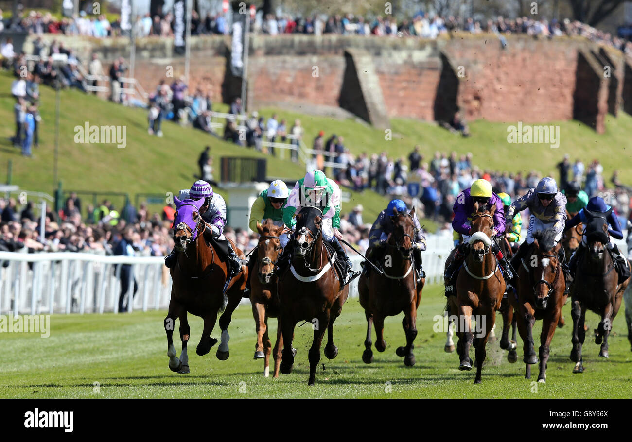 No Heretic (centre) ridden by Jamie Spencer wins The Betway Chester Cup from Nakeeta (left), during Betway Chester Cup Day of the Boodles May Festival at Chester Racecourse. Stock Photo