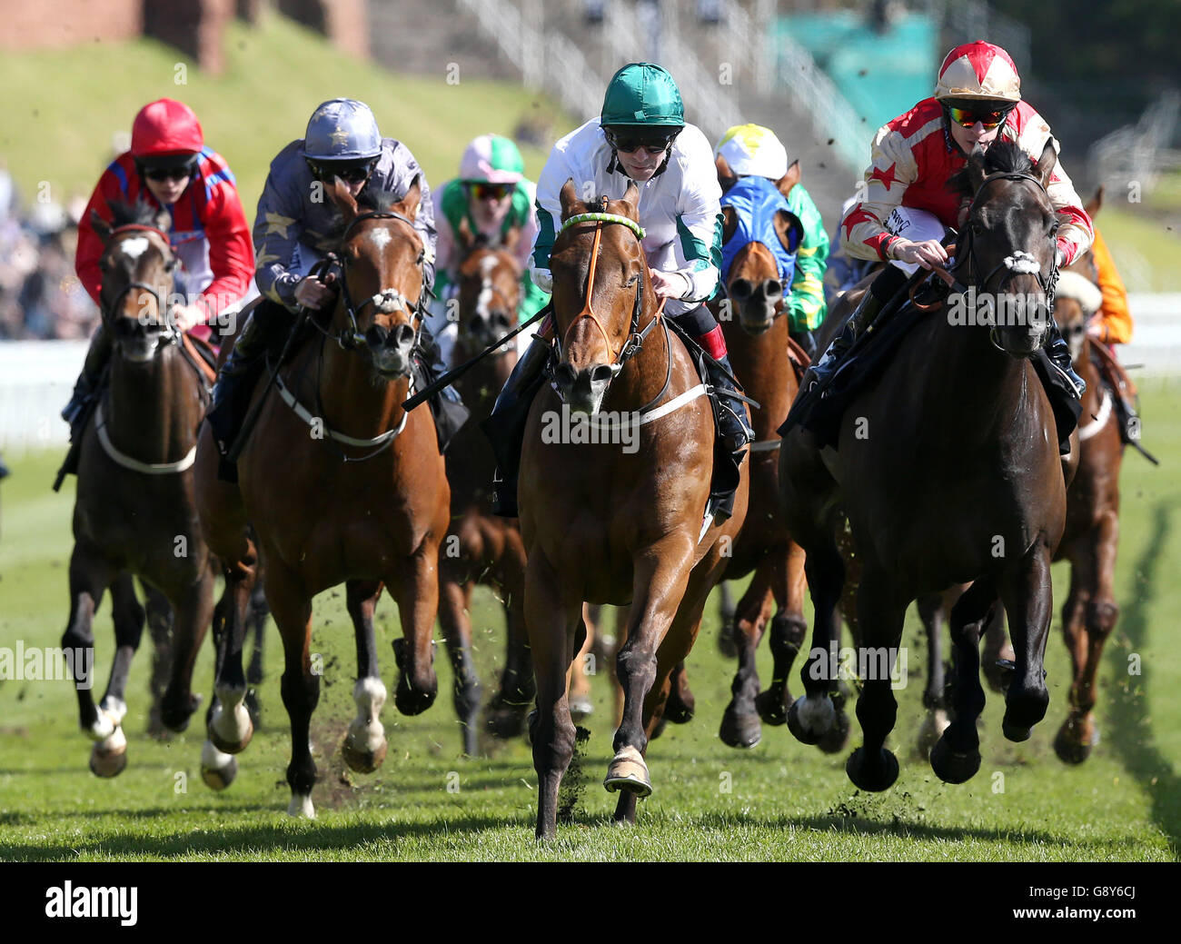 Kimberella (centre) ridden by Franny Norton wins The Boodles Diamond Handicap Stakes, during Betway Chester Cup Day of the Boodles May Festival at Chester Racecourse. Stock Photo