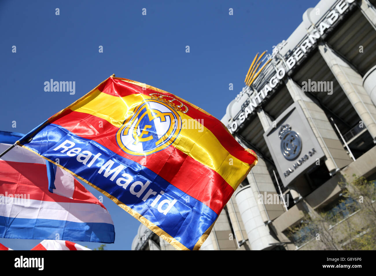 A general view of Real Madrid flags outside the stadium prior to the UEFA Champions League Semi Final, Second Leg match at the Santiago Bernabeu, Madrid. Stock Photo
