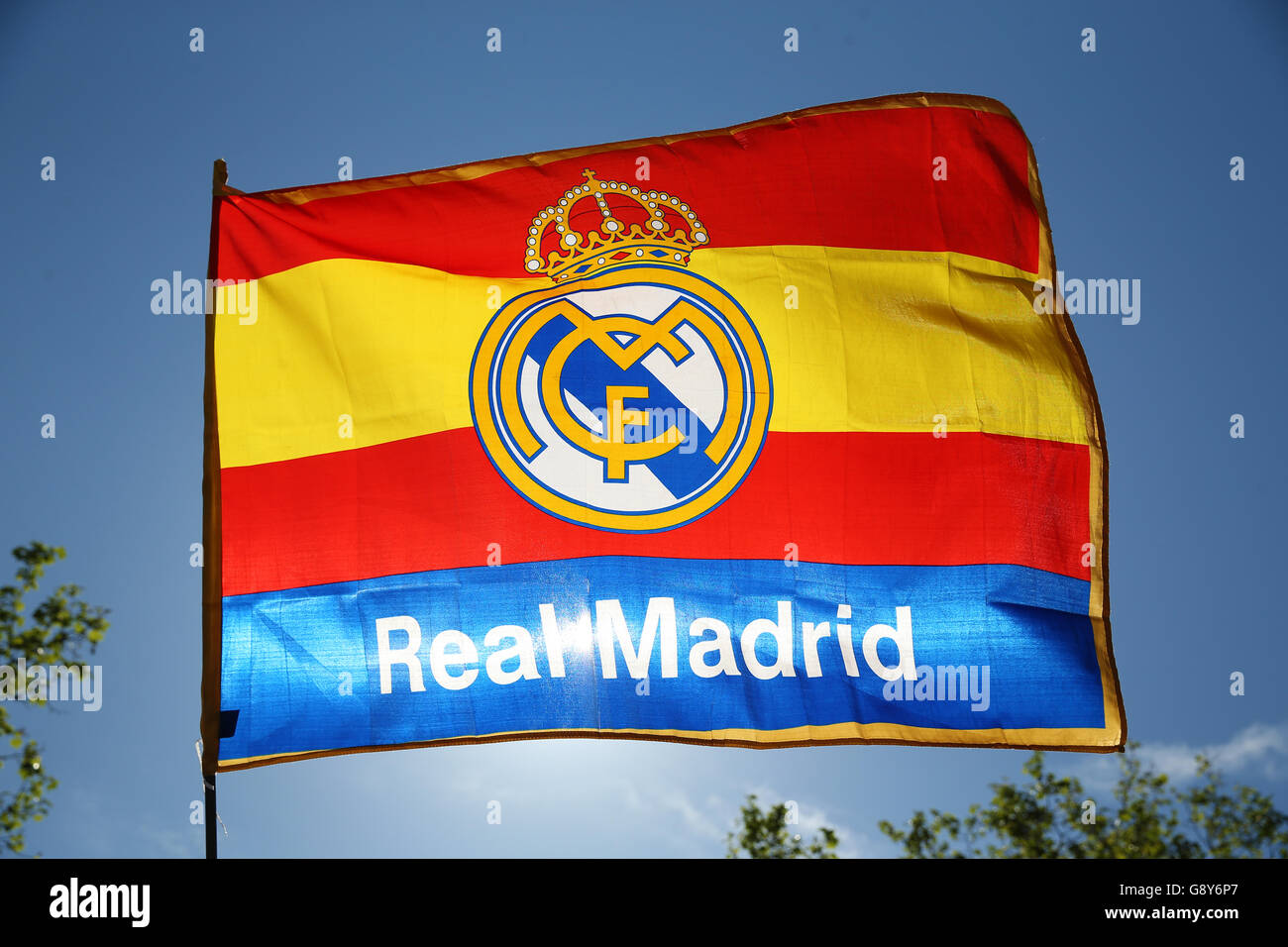 A general view of Real Madrid flags outside the stadium prior to the UEFA Champions League Semi Final, Second Leg match at the Santiago Bernabeu, Madrid. Stock Photo